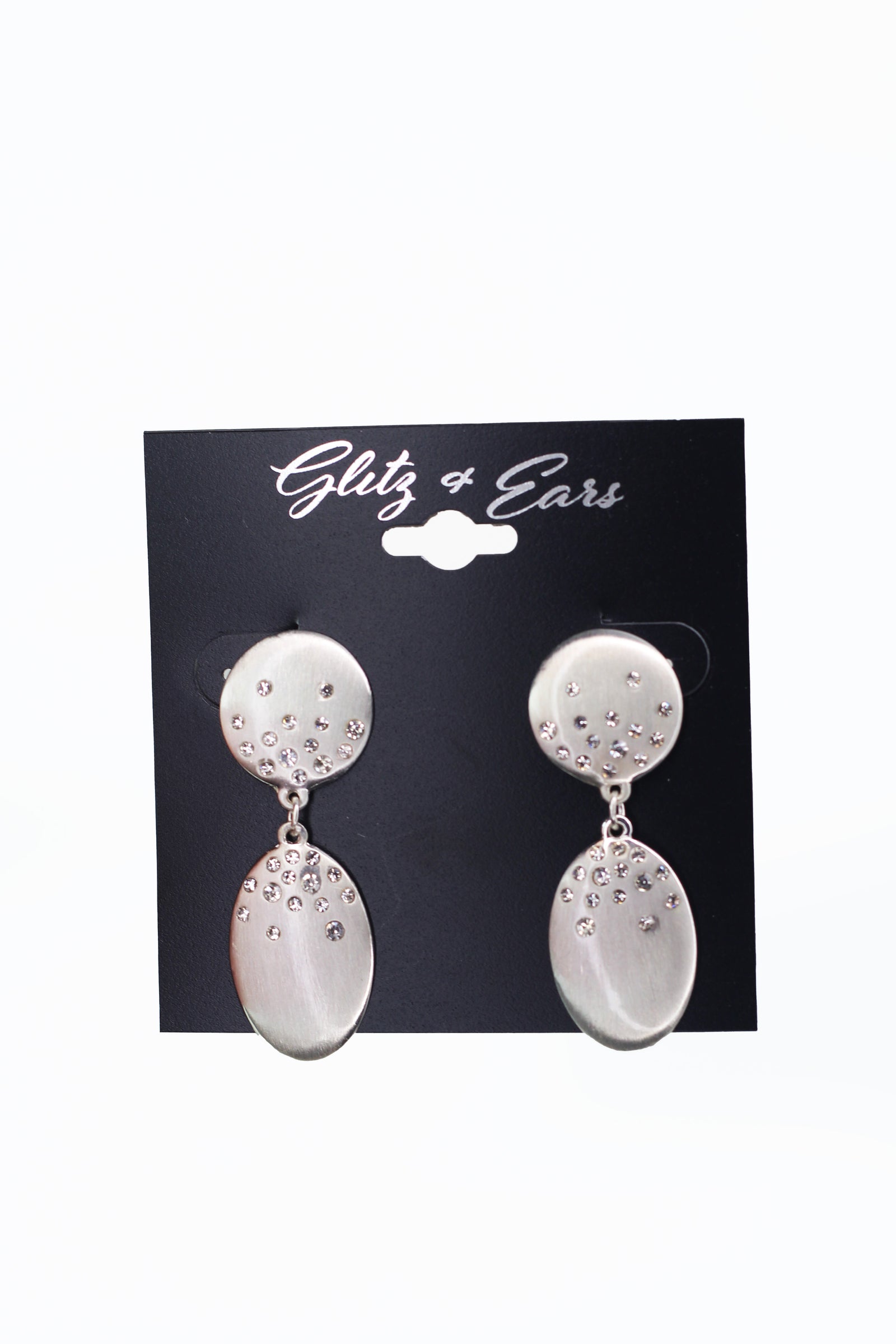 Brushed Metal Circle & Oval Earrings w/ Pave Accents
