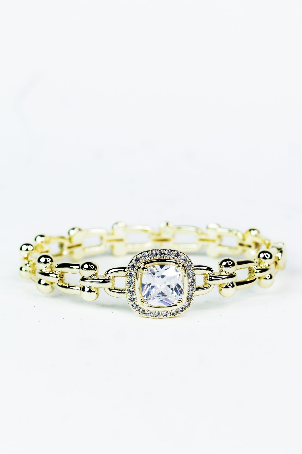 Ball Link Cuff Bracelet w/ Square Pave Trimmed Center Stone