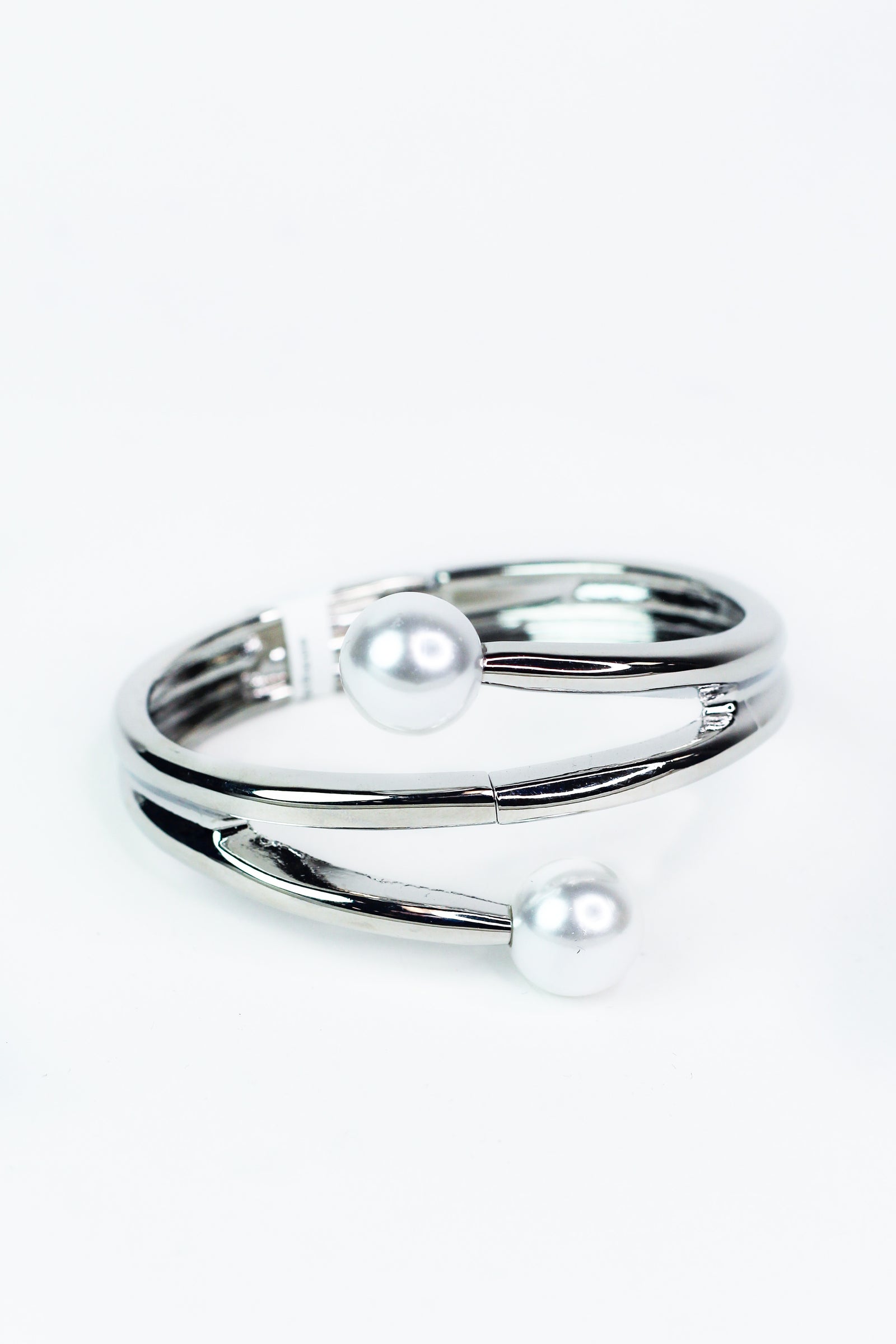 Metal Rows w/ Pearl Ends Bangle Bracelet