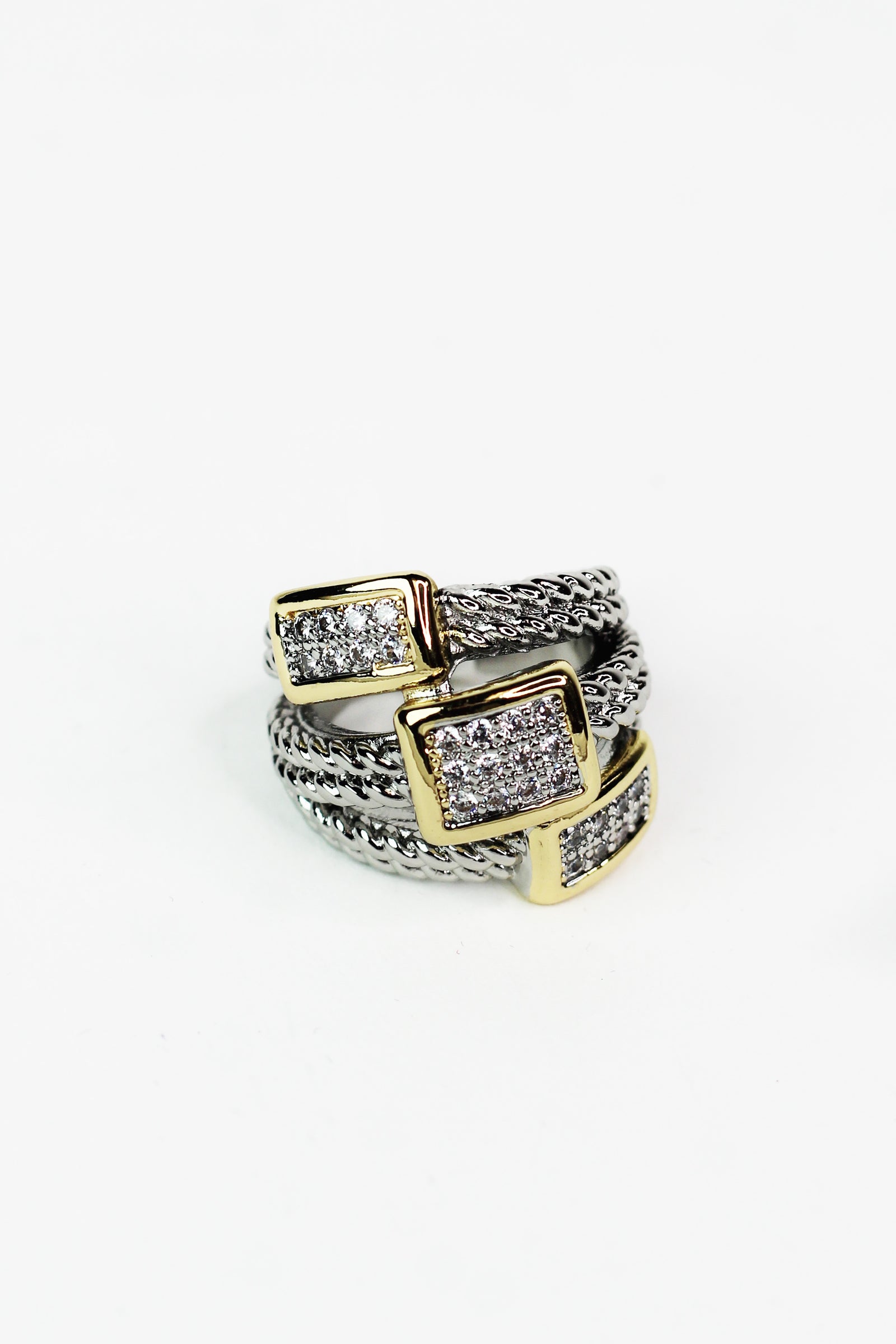 Two-Toned 3 Row Ring w/ Pave Accents