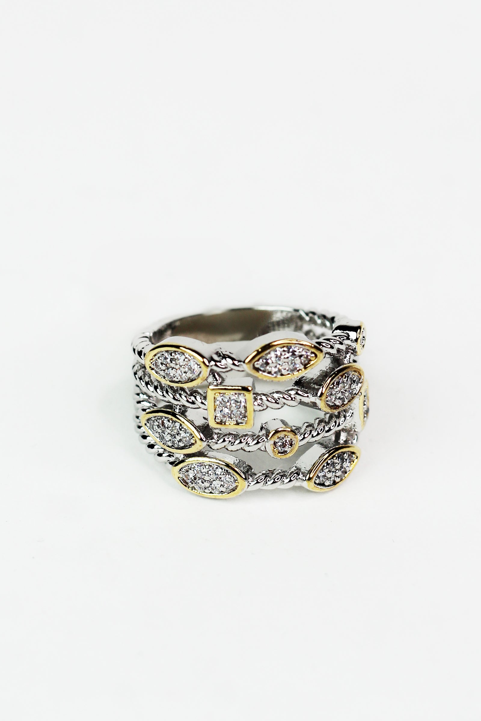 Two Toned 4 Row Ring w/ Pave Shapes