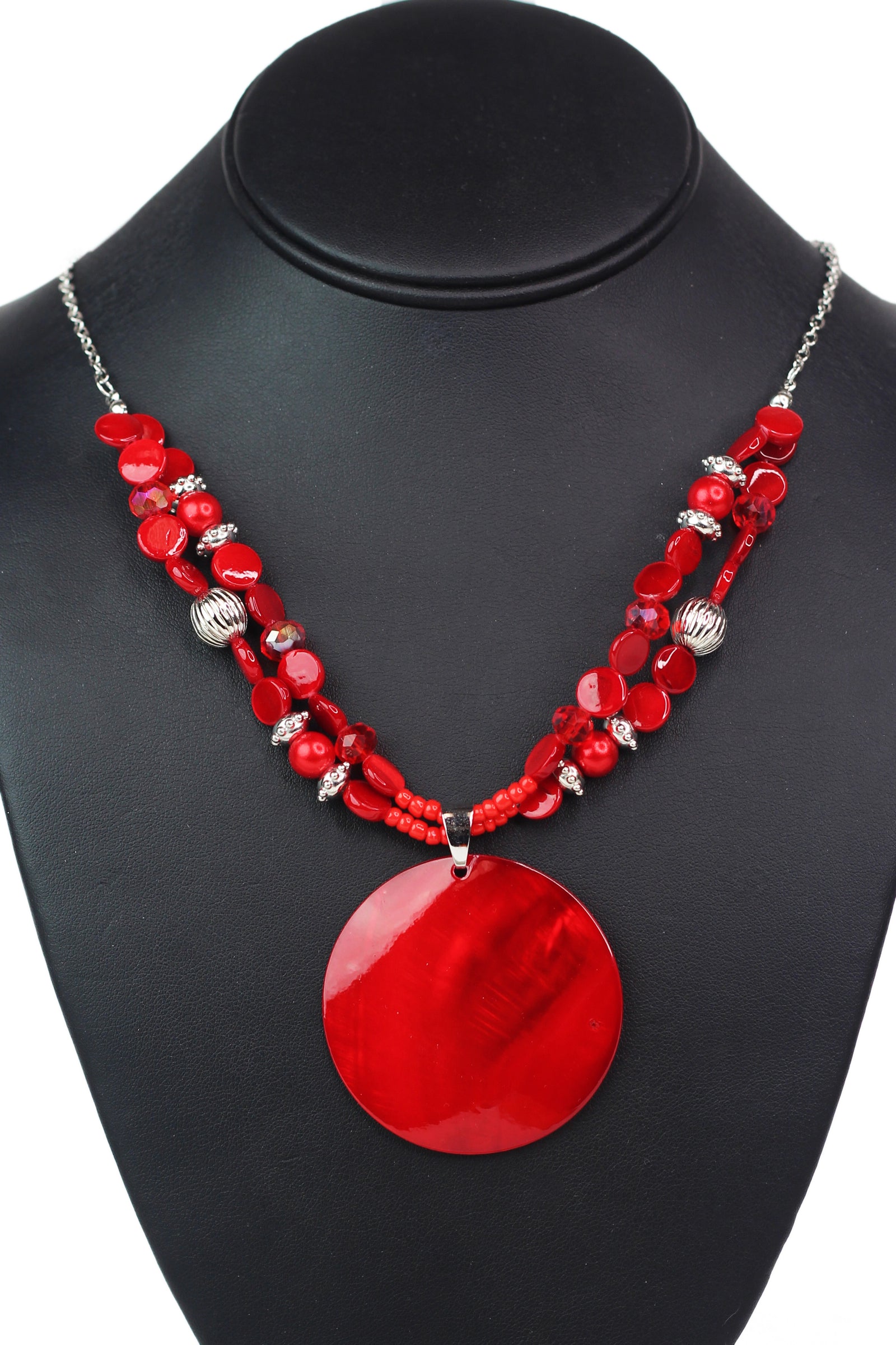 Two Strand Beaded Necklace w/ Round Shell Pendant