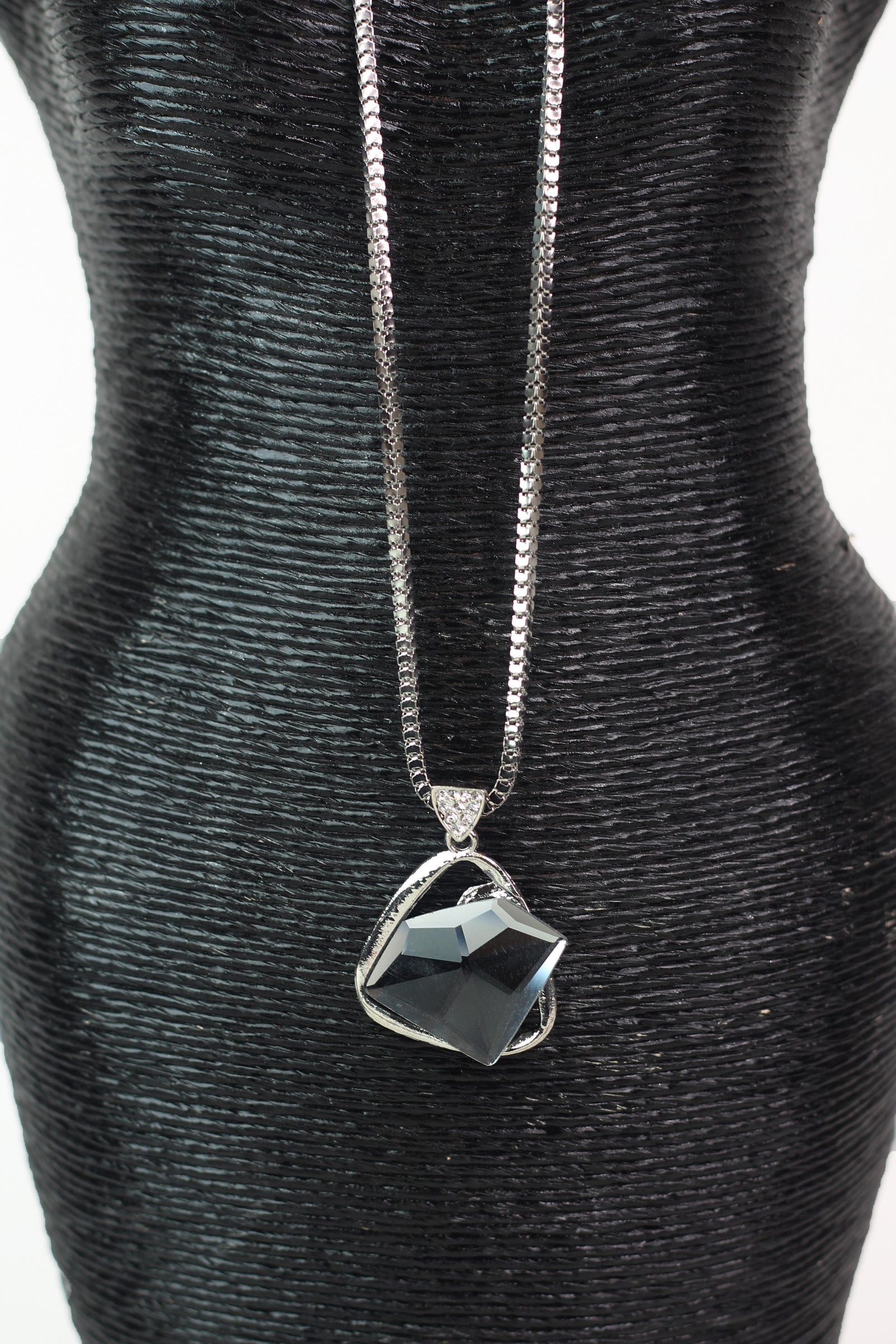 Long Box Chain Necklace w/ Pave & Diamond Shaped Pendant