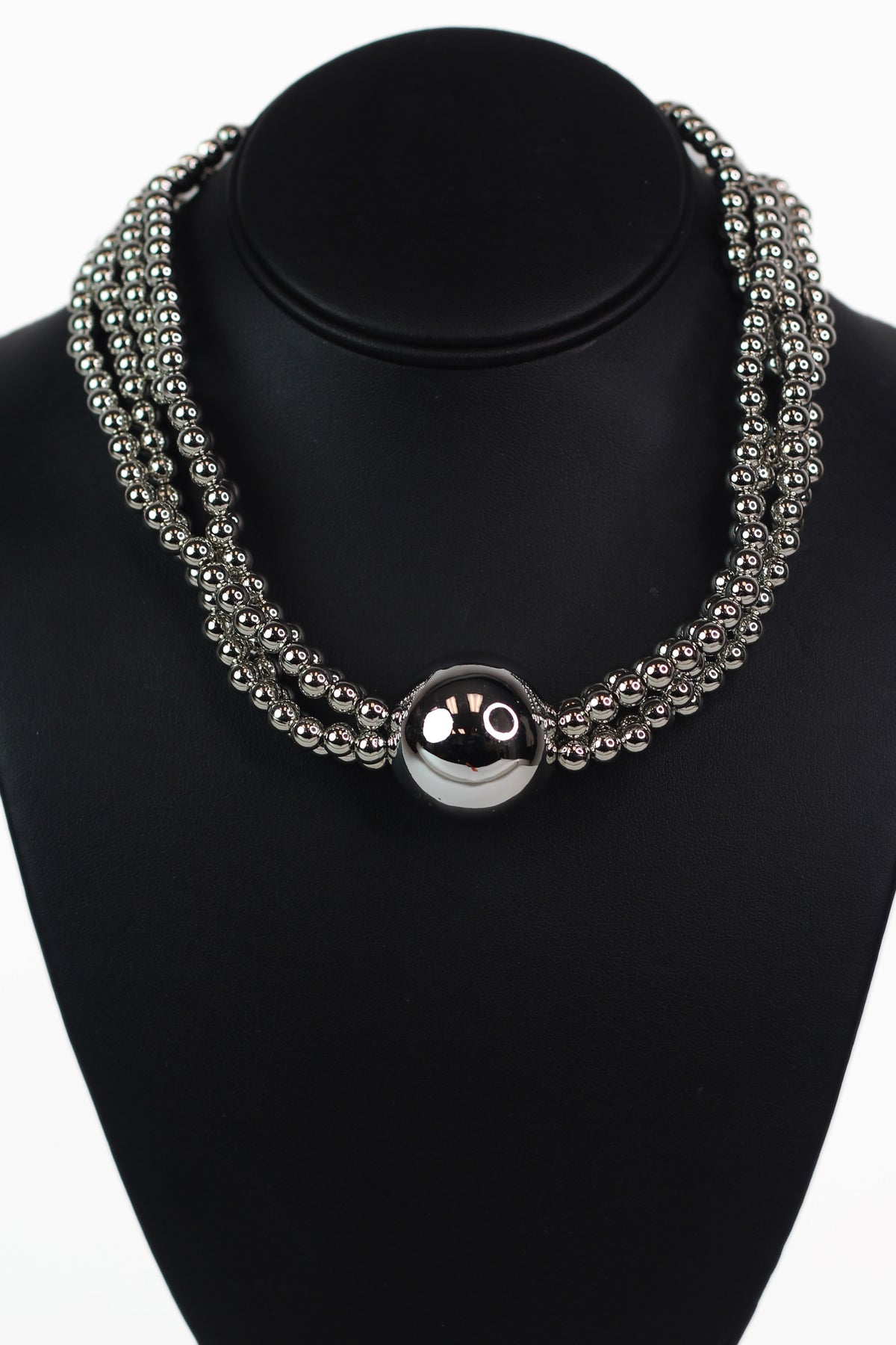 Four Strand Metallic Bead Necklace w/ Center Ball Bead