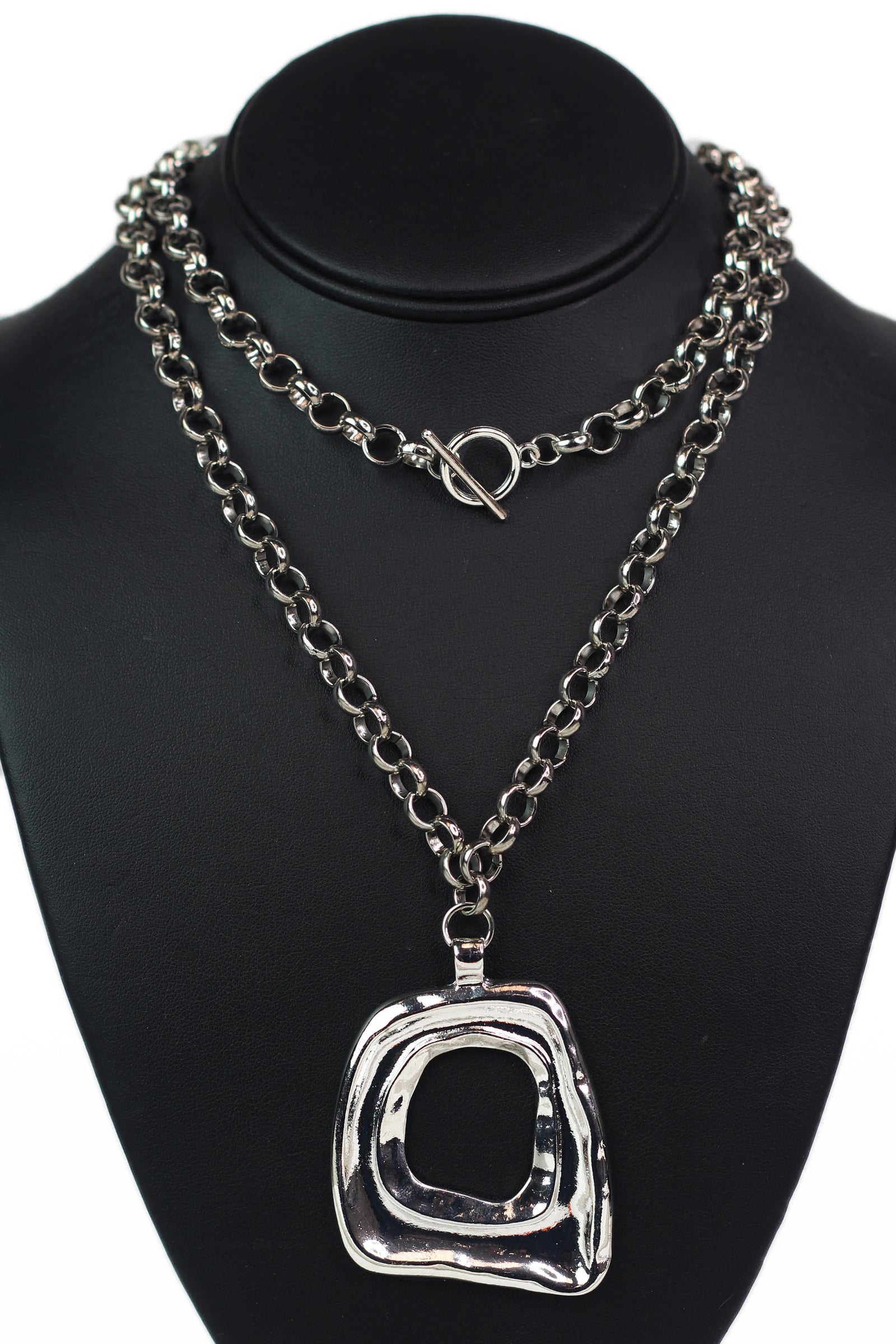 Long Toggle Chain Necklace w/ Abstract Square Pendant