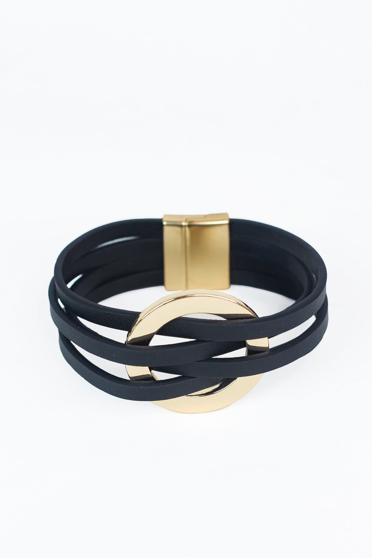 Faux Leather Strips & Metal Circle Magnetic Bracelet