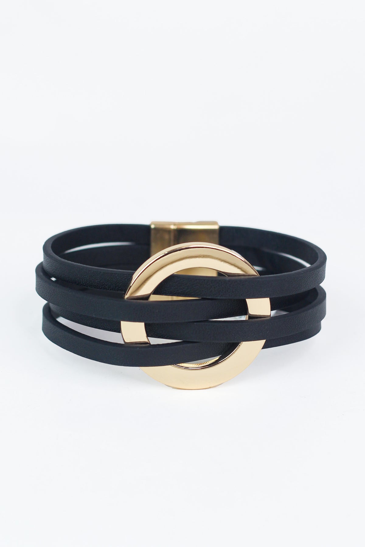 Faux Leather Strips &amp; Metal Circle Magnetic Bracelet