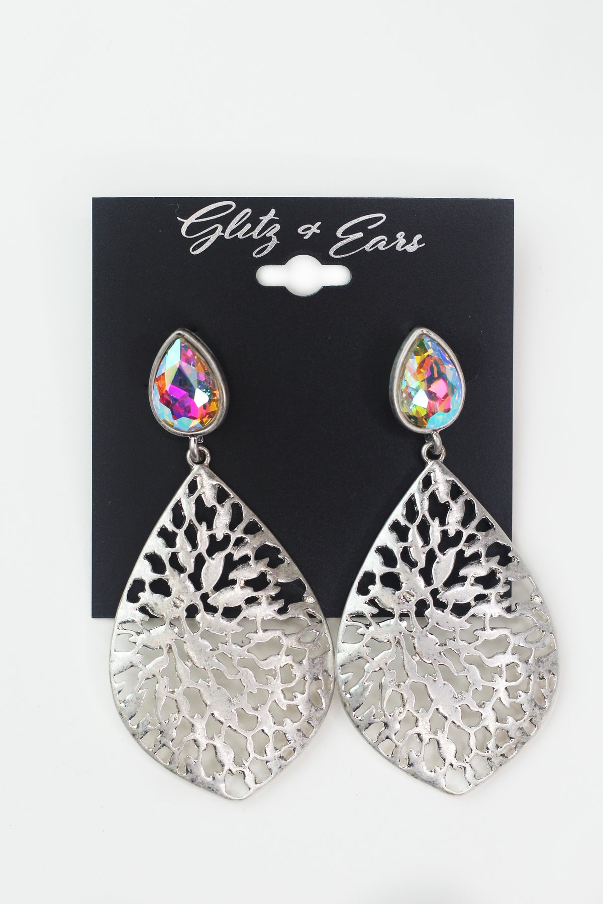 Stone Teardrop &amp; Dangling Metal Filigree Teardrop Earrings