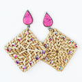 Teardrop & Dangling Raffia & Rhinestone Square Earrings