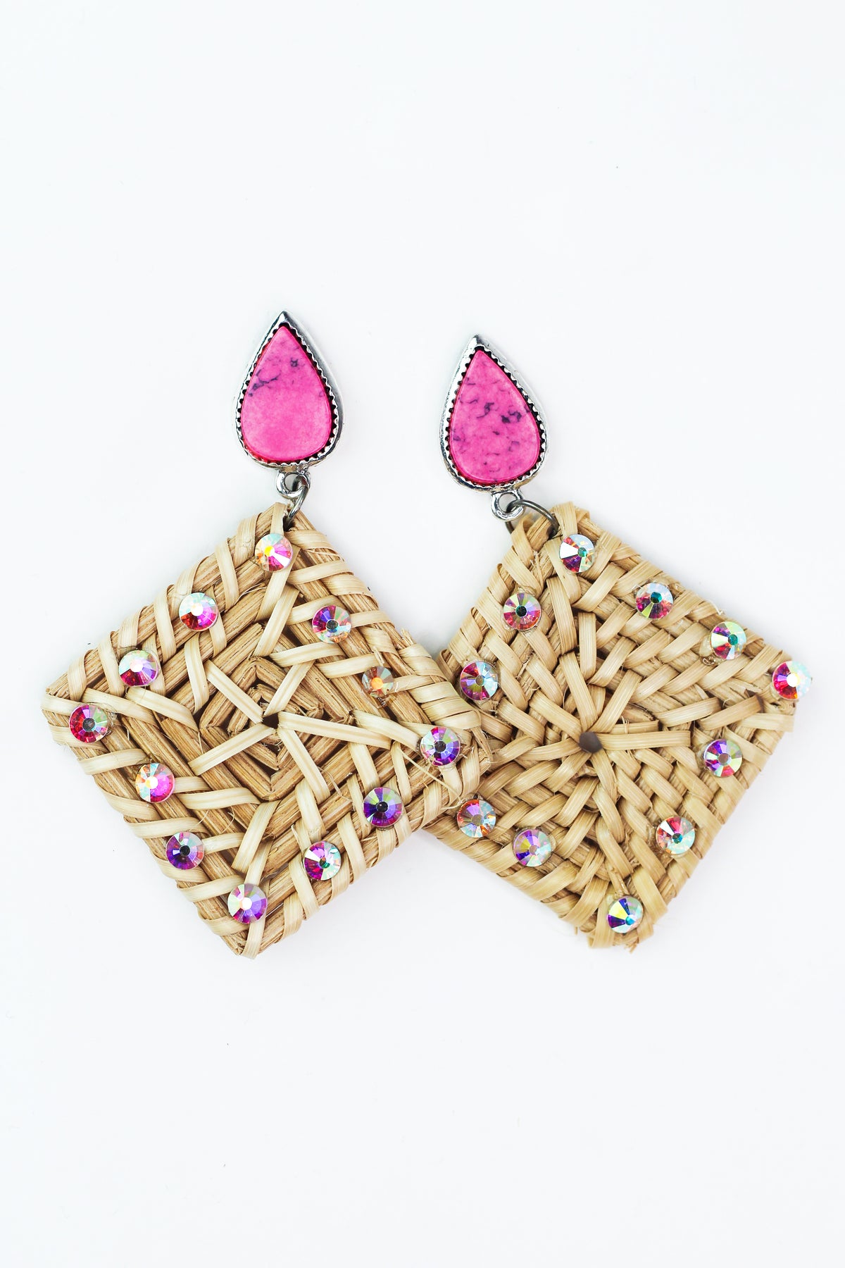 Teardrop &amp; Dangling Raffia &amp; Rhinestone Square Earrings