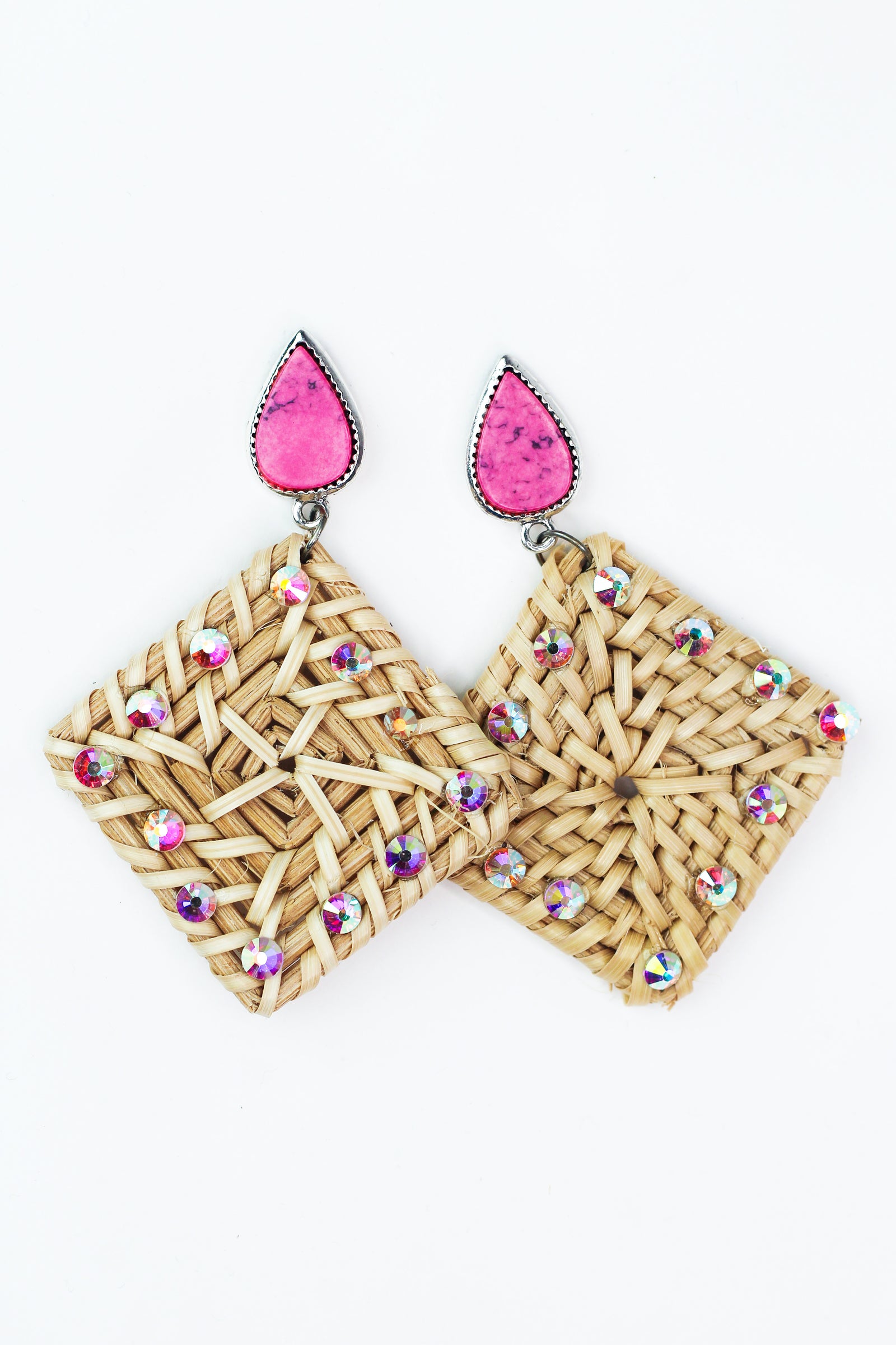 Teardrop & Dangling Raffia & Rhinestone Square Earrings