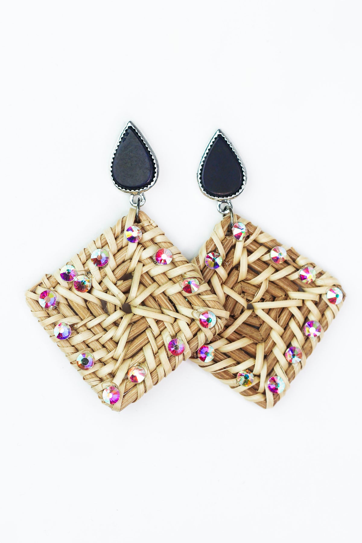 Teardrop & Dangling Raffia & Rhinestone Square Earrings