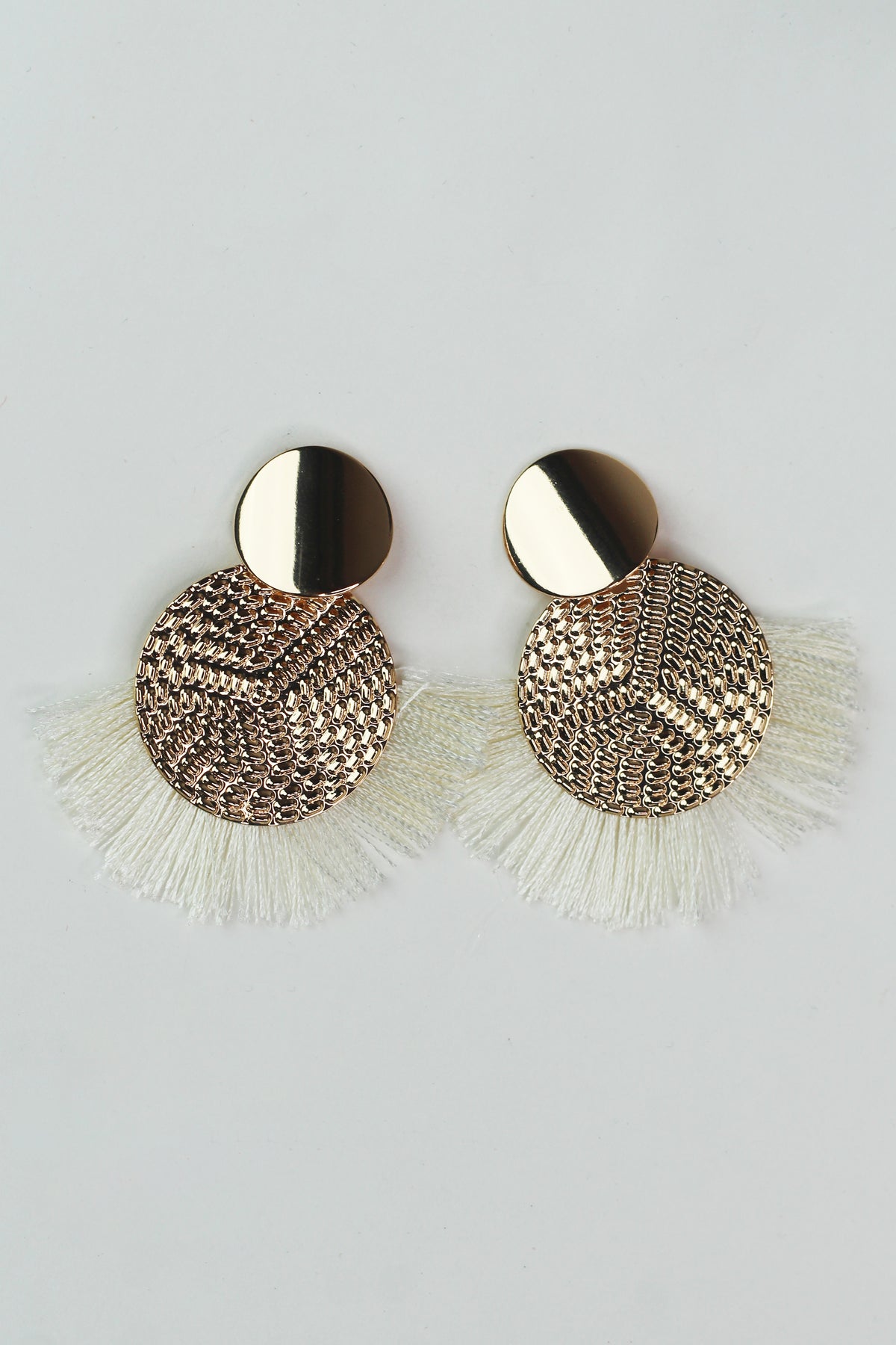 Textured Metal Circle &amp; Short Fringe Earrings