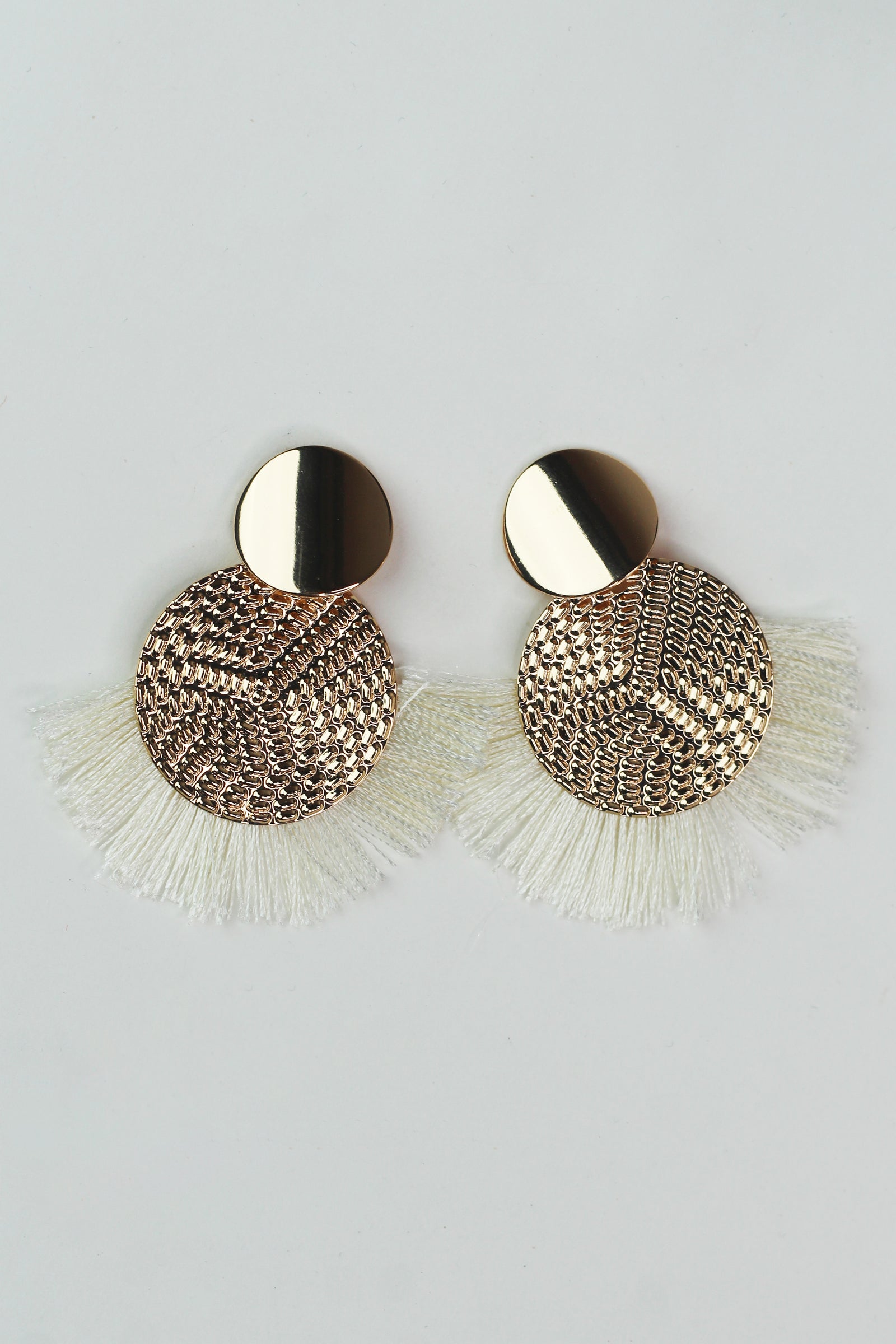 Textured Metal Circle & Short Fringe Earrings