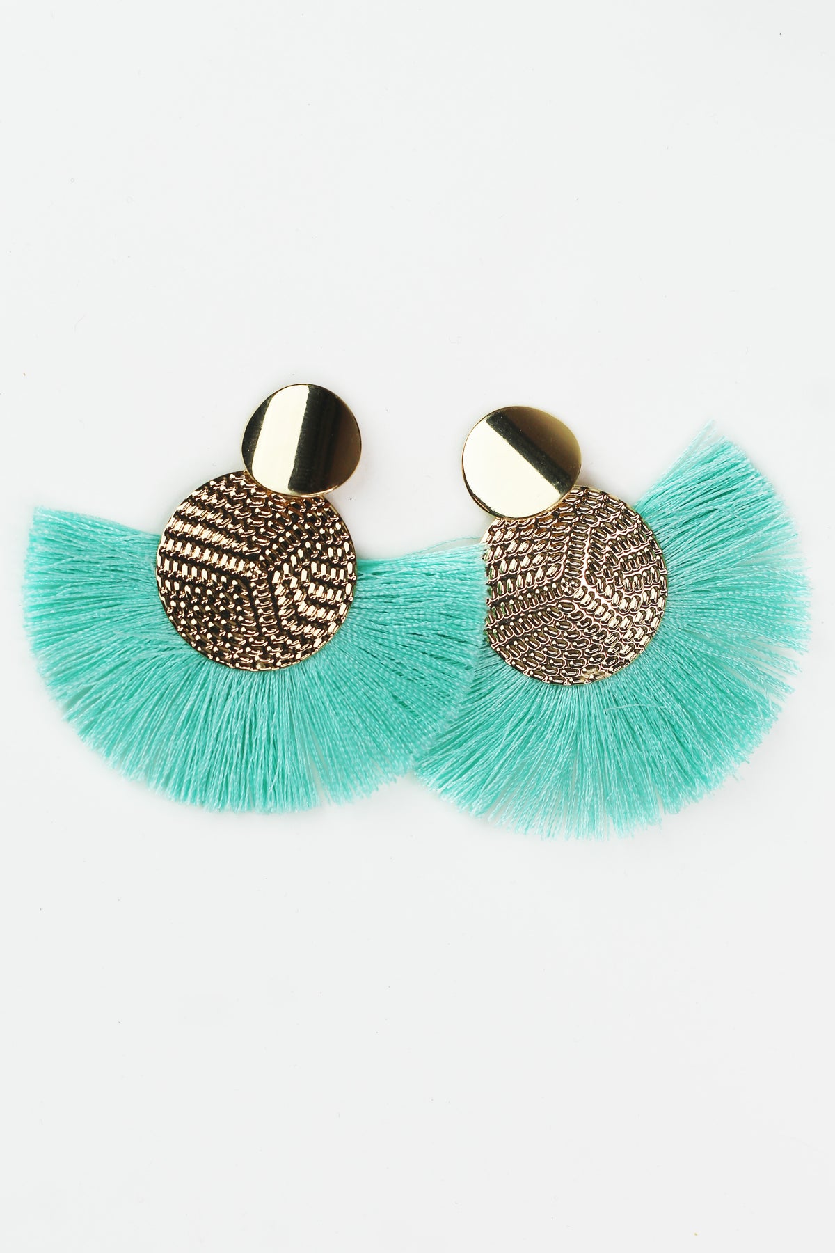 Textured Metal Circle &amp; Fringe Fan Earrings