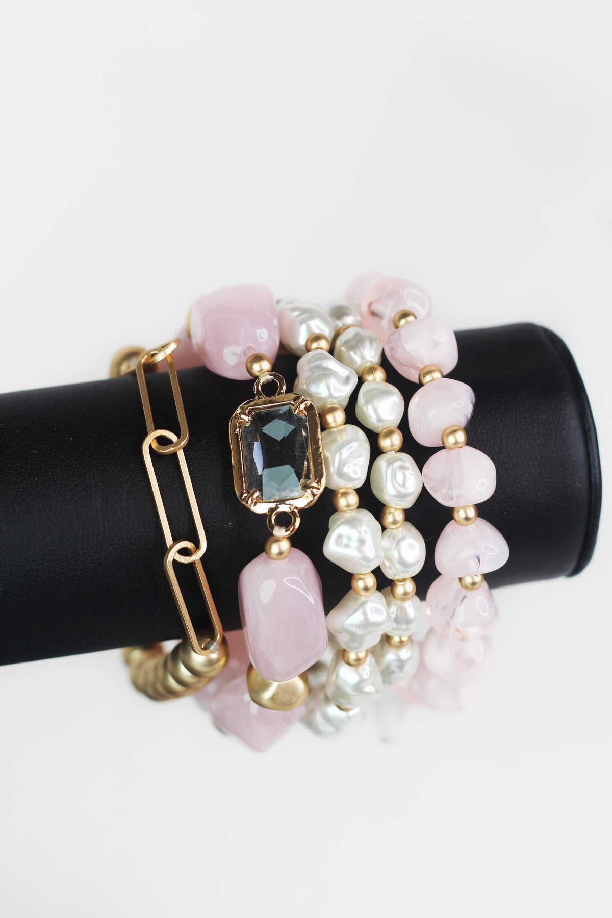Multi Strand Bead &amp; Pearl Stretch Bracelet w/ Emerald Stone
