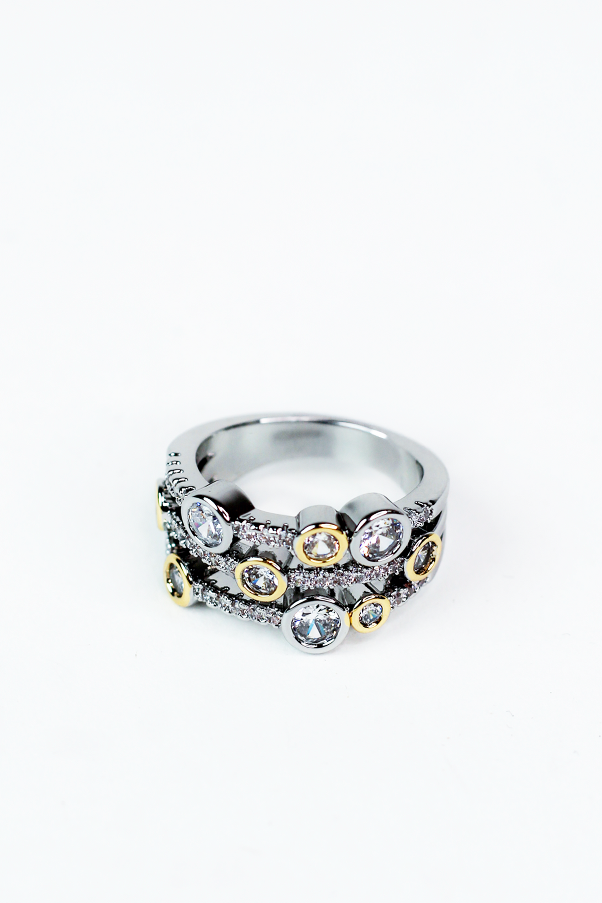 Two Toned 3 Row Pave &amp; Stone Ring