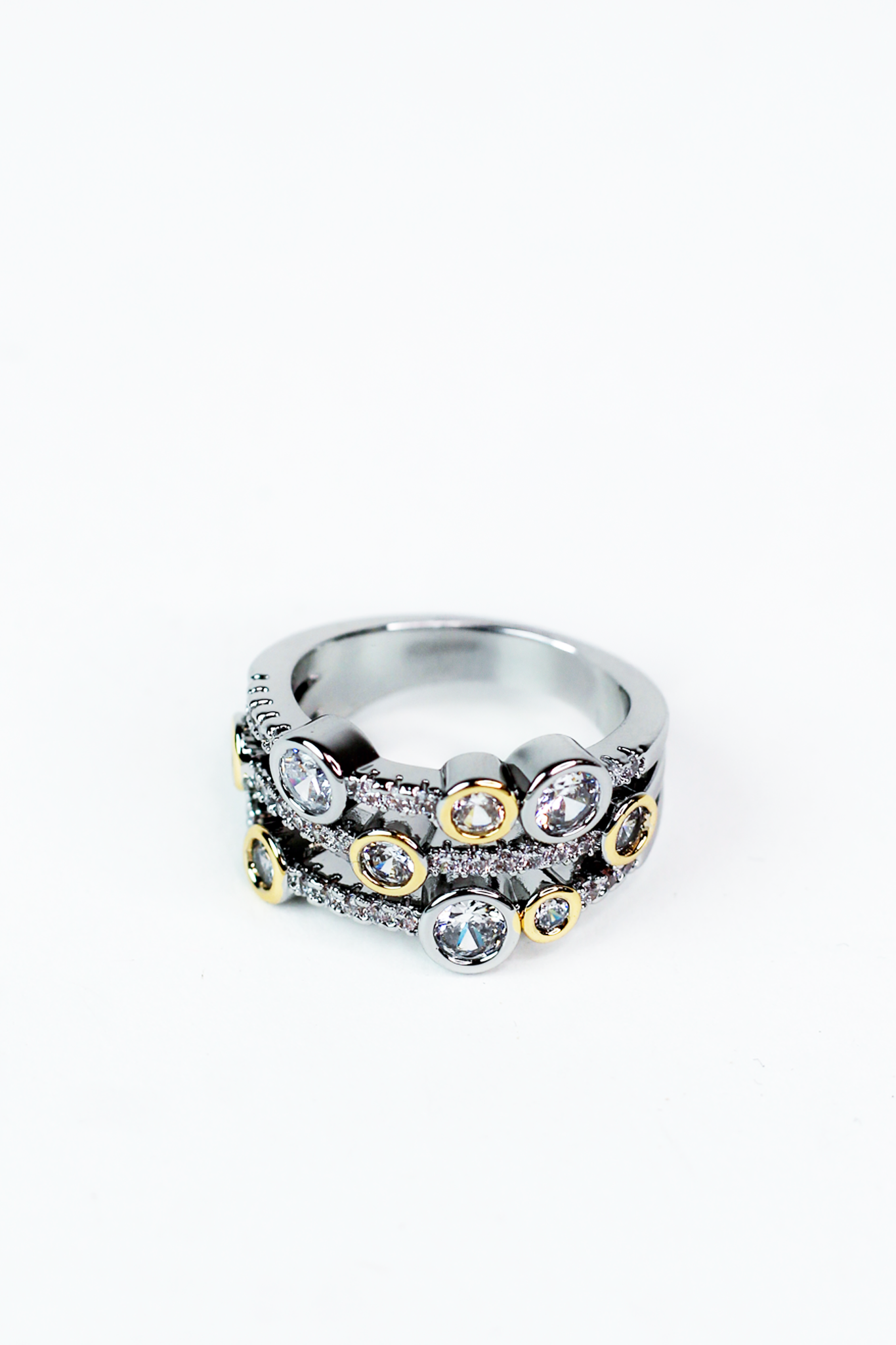Two Toned 3 Row Pave & Stone Ring