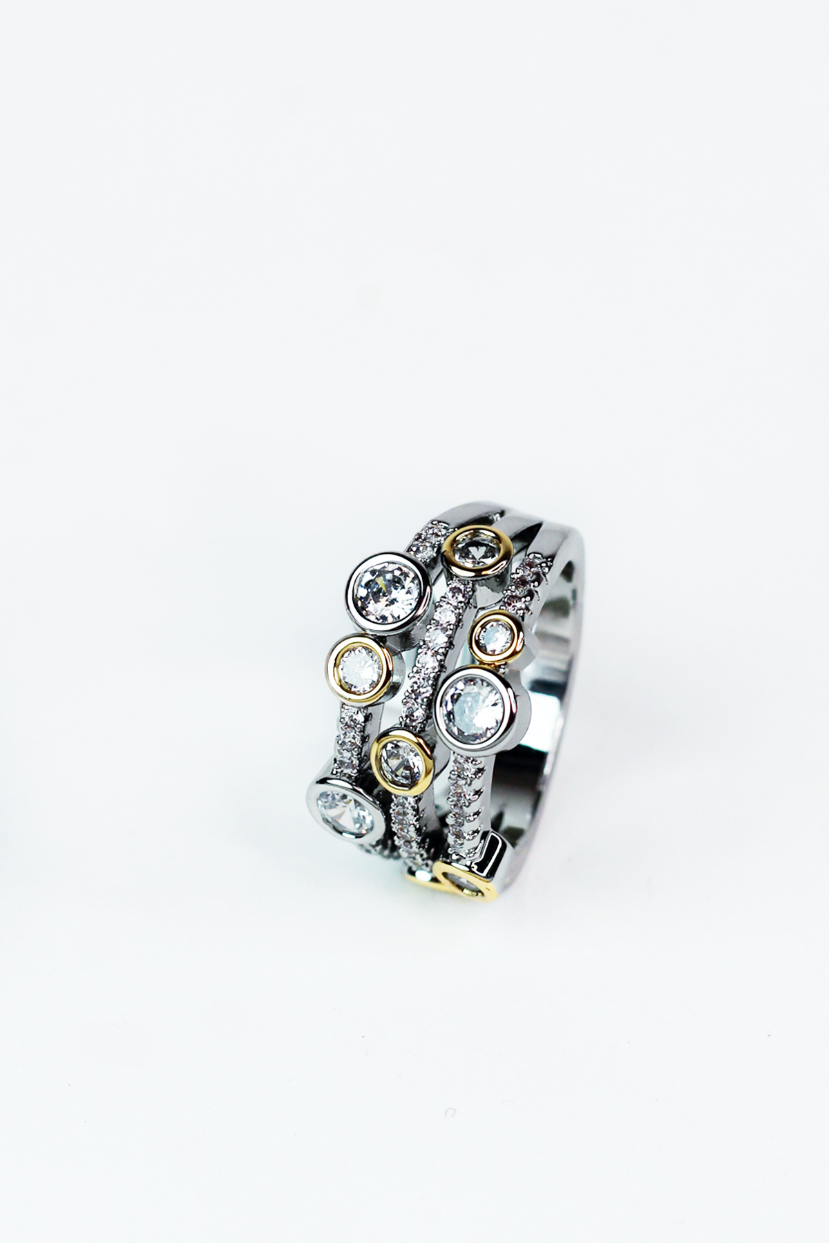 Two Toned 3 Row Pave & Stone Ring