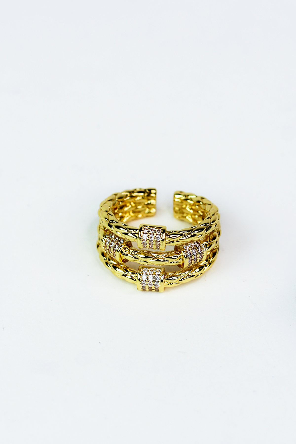 Textured 3 Row Ring w/ Pave Barrel Accents