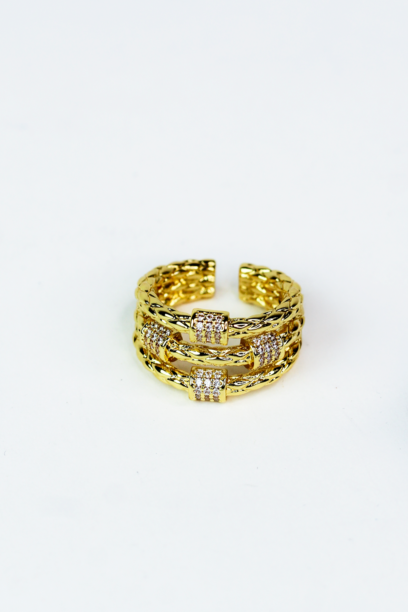 Textured 3 Row Ring w/ Pave Barrel Accents