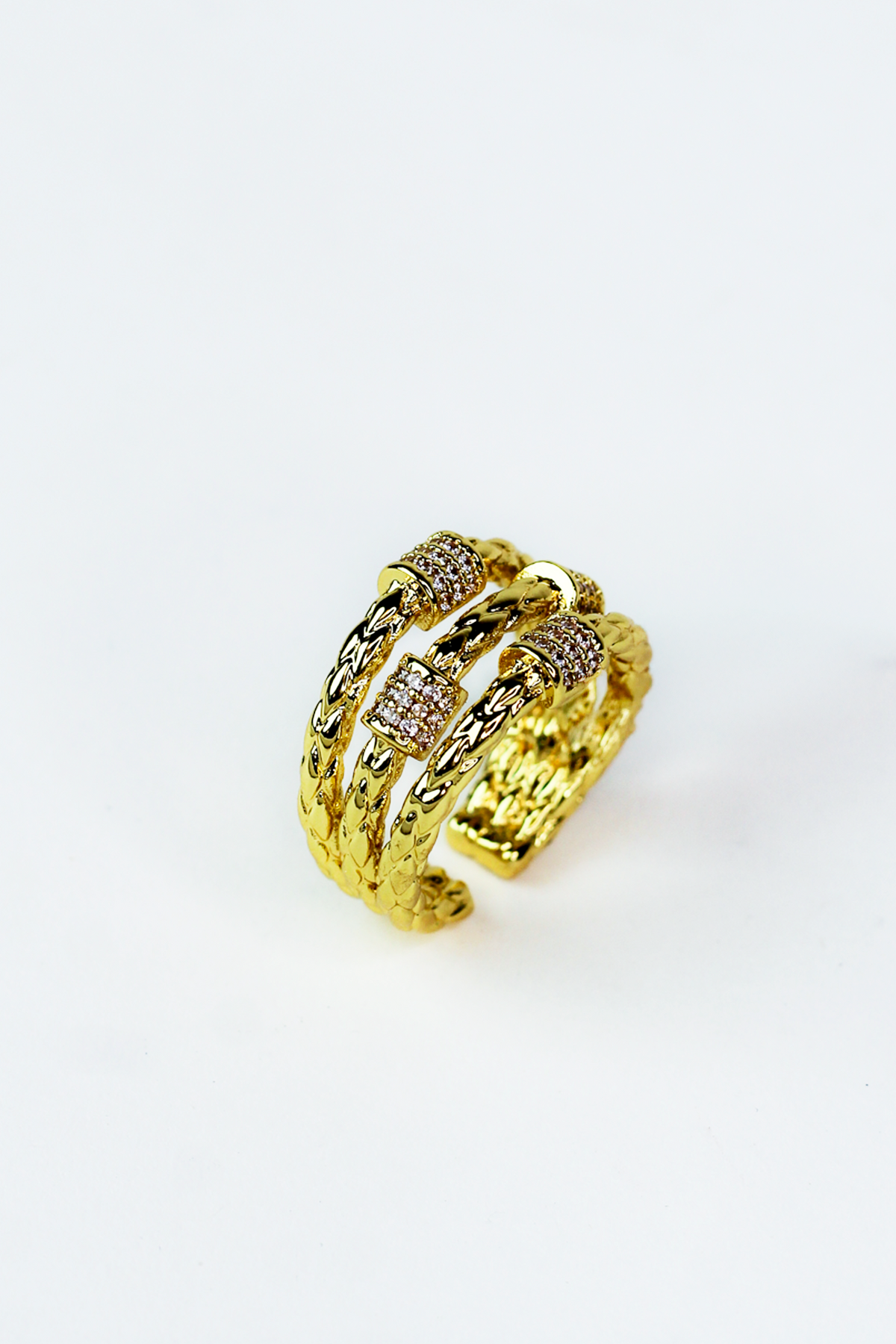Textured 3 Row Ring w/ Pave Barrel Accents