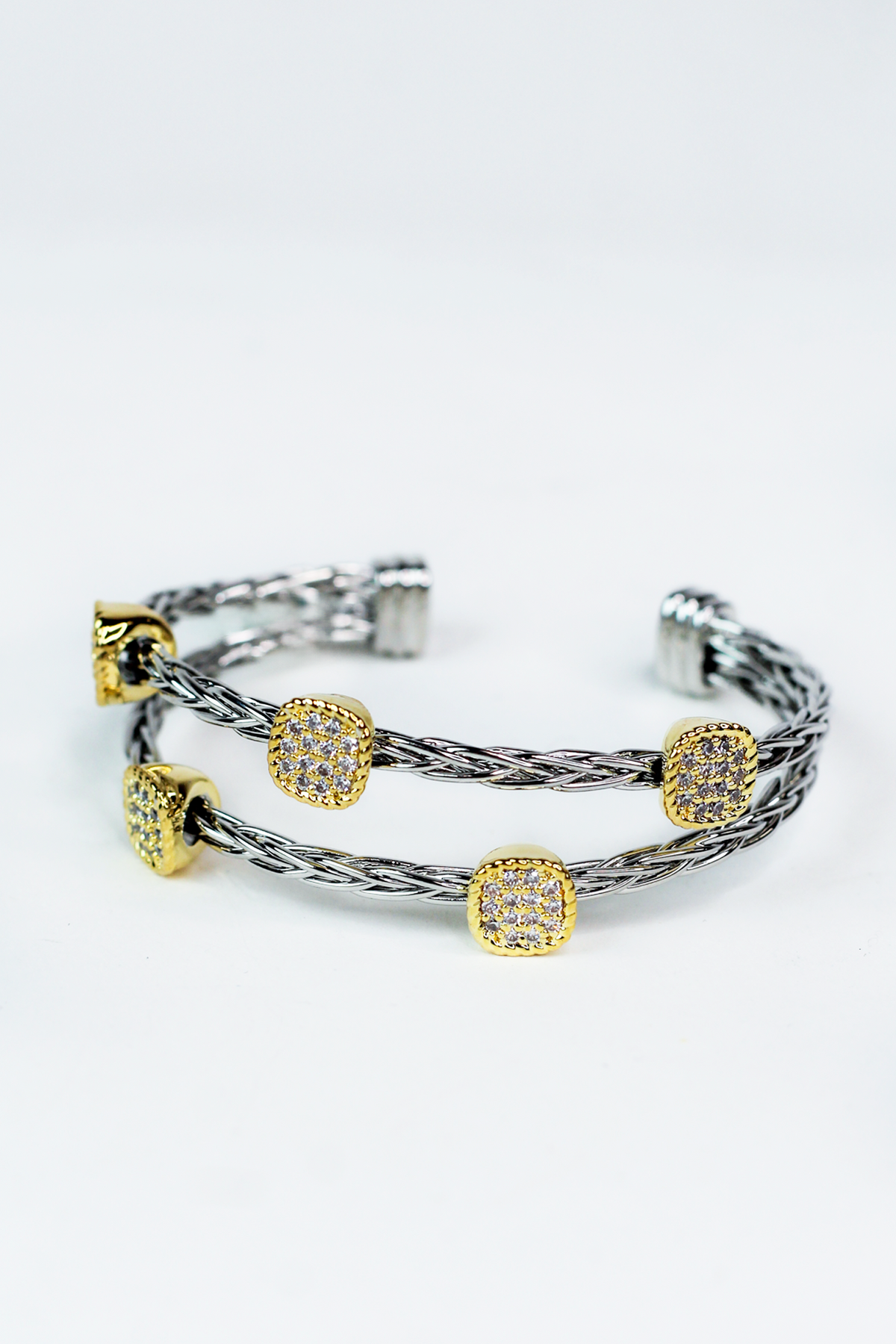 Two Row Braided Cuff w/ 2 Tone Pave Square Accents