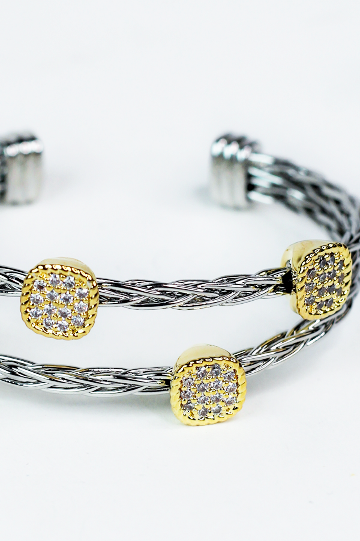 Two Row Braided Cuff w/ 2 Tone Pave Square Accents