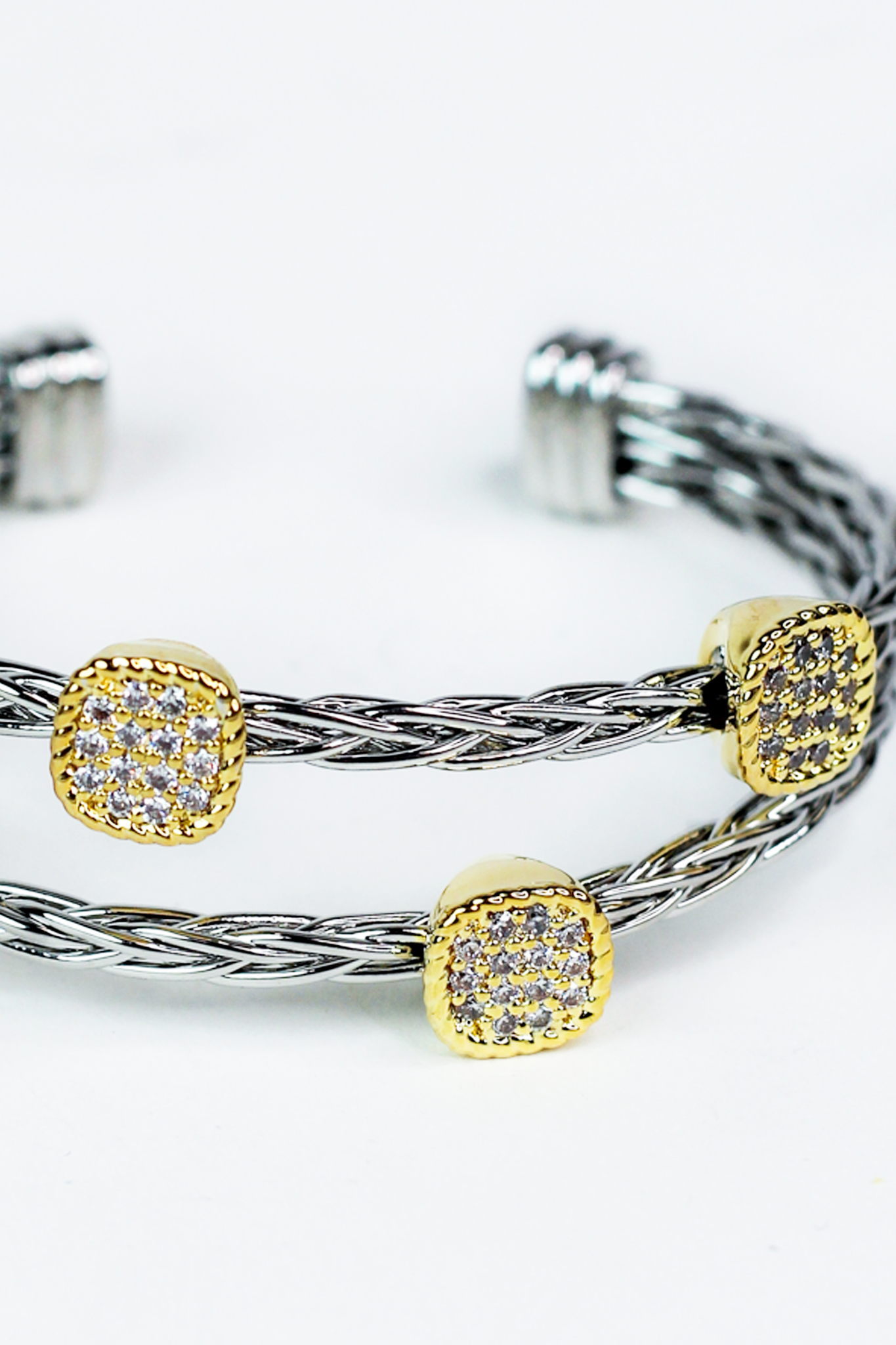Two Row Braided Cuff w/ 2 Tone Pave Square Accents