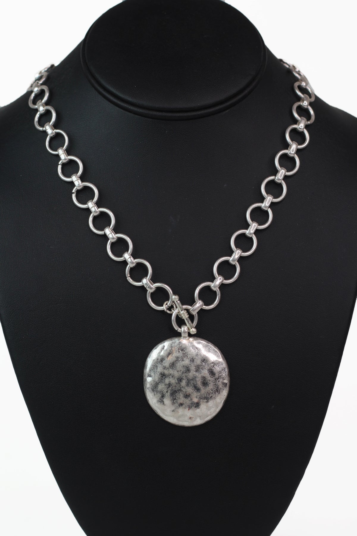Circle Chain Toggle Necklace w/ Hammered Circle Pendant