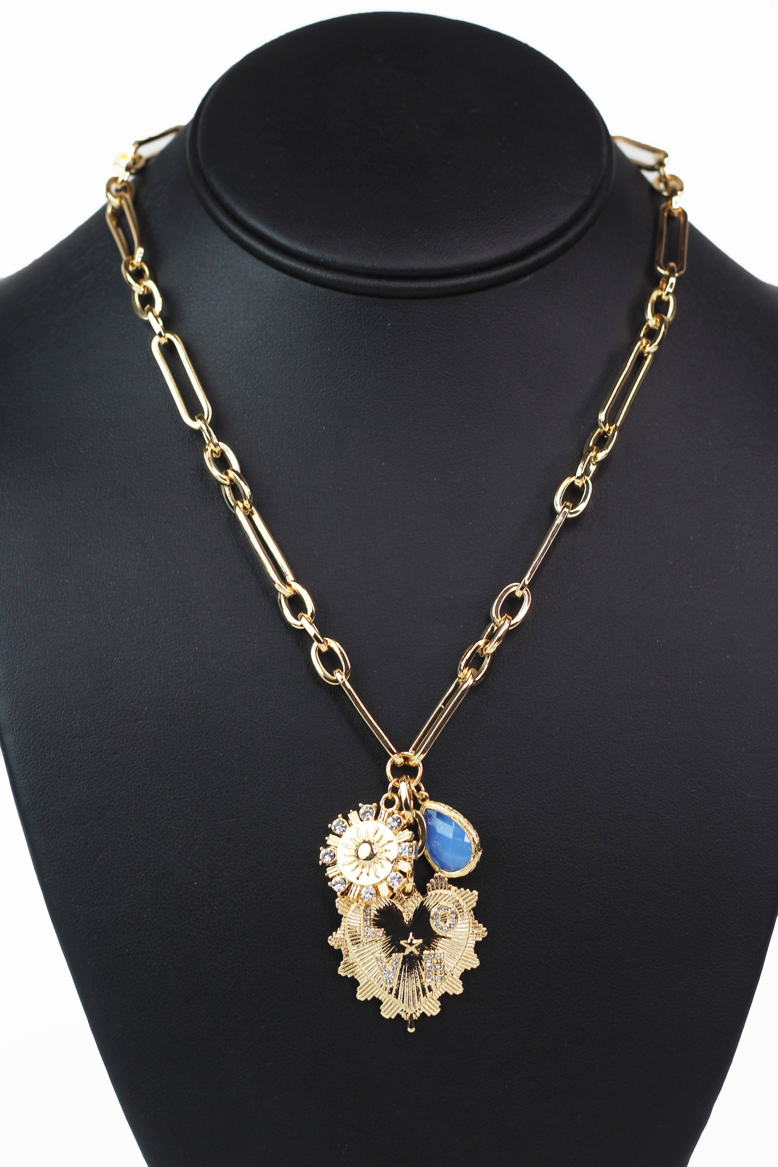 "Love" Heart Blue Stone & Coin Charms Necklace
