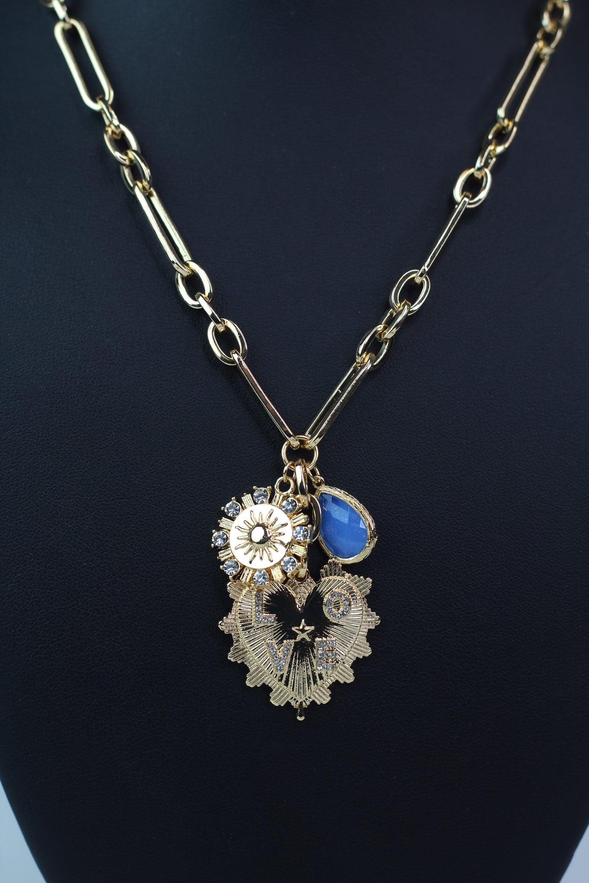 "Love" Heart Blue Stone & Coin Charms Necklace
