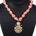 Bead Necklace w/ Embossed Gold & Pearl Pendant