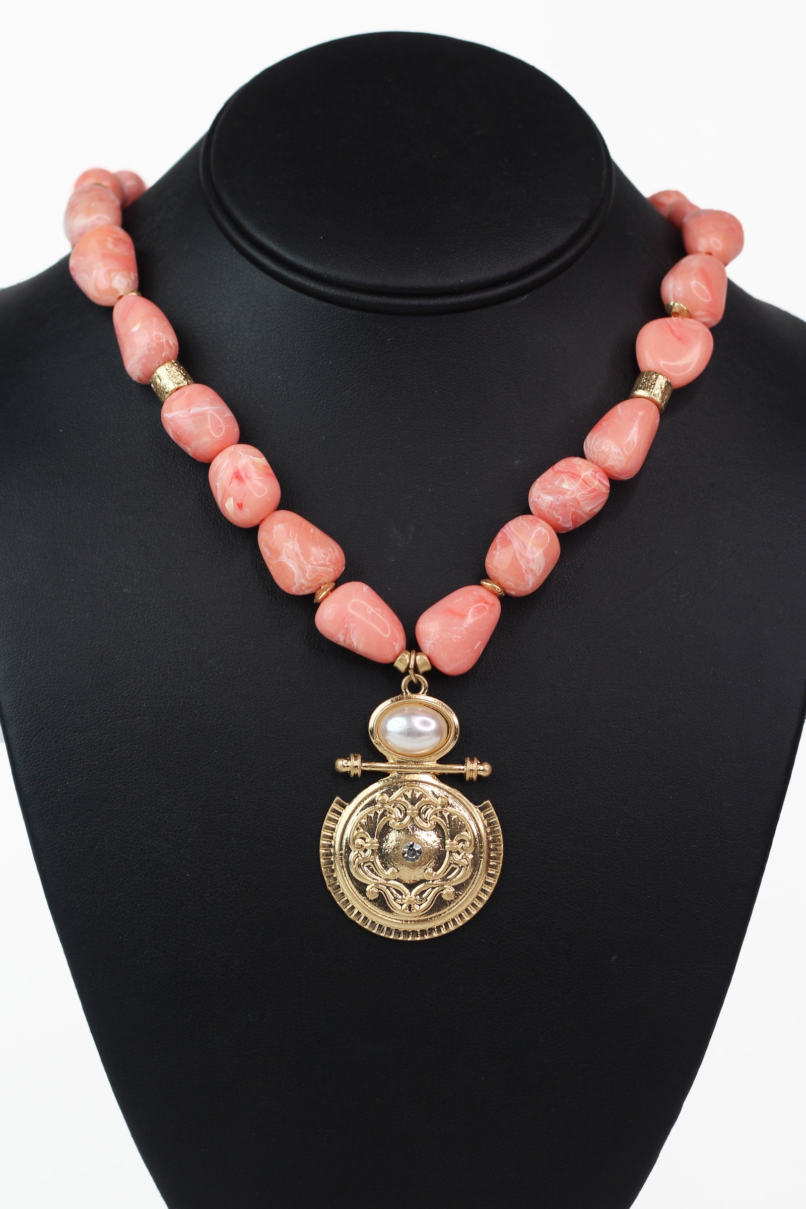 Bead Necklace w/ Embossed Gold & Pearl Pendant