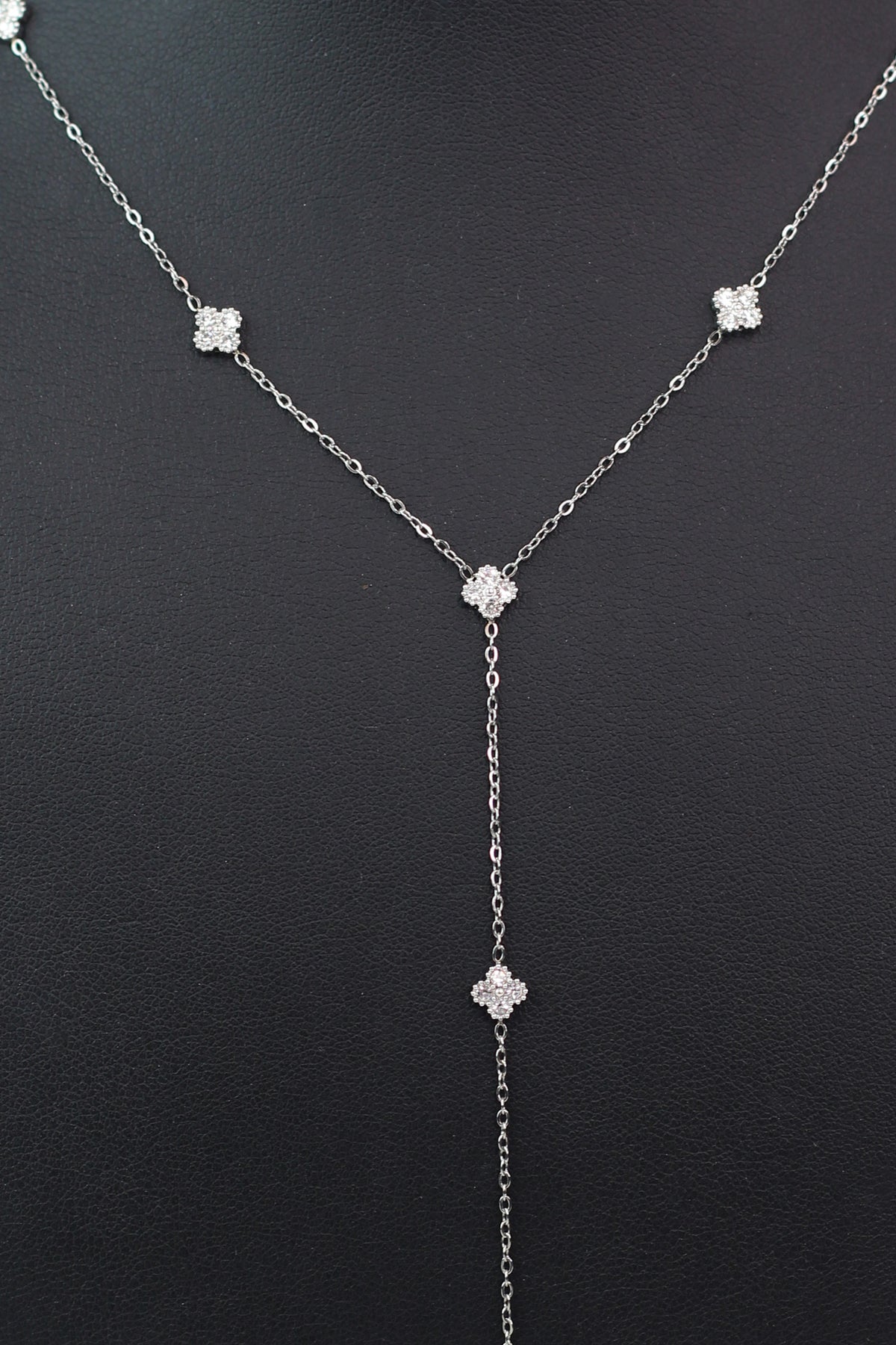 Dainty Lariat Necklace w/ Spaced Tiny Pave Clovers