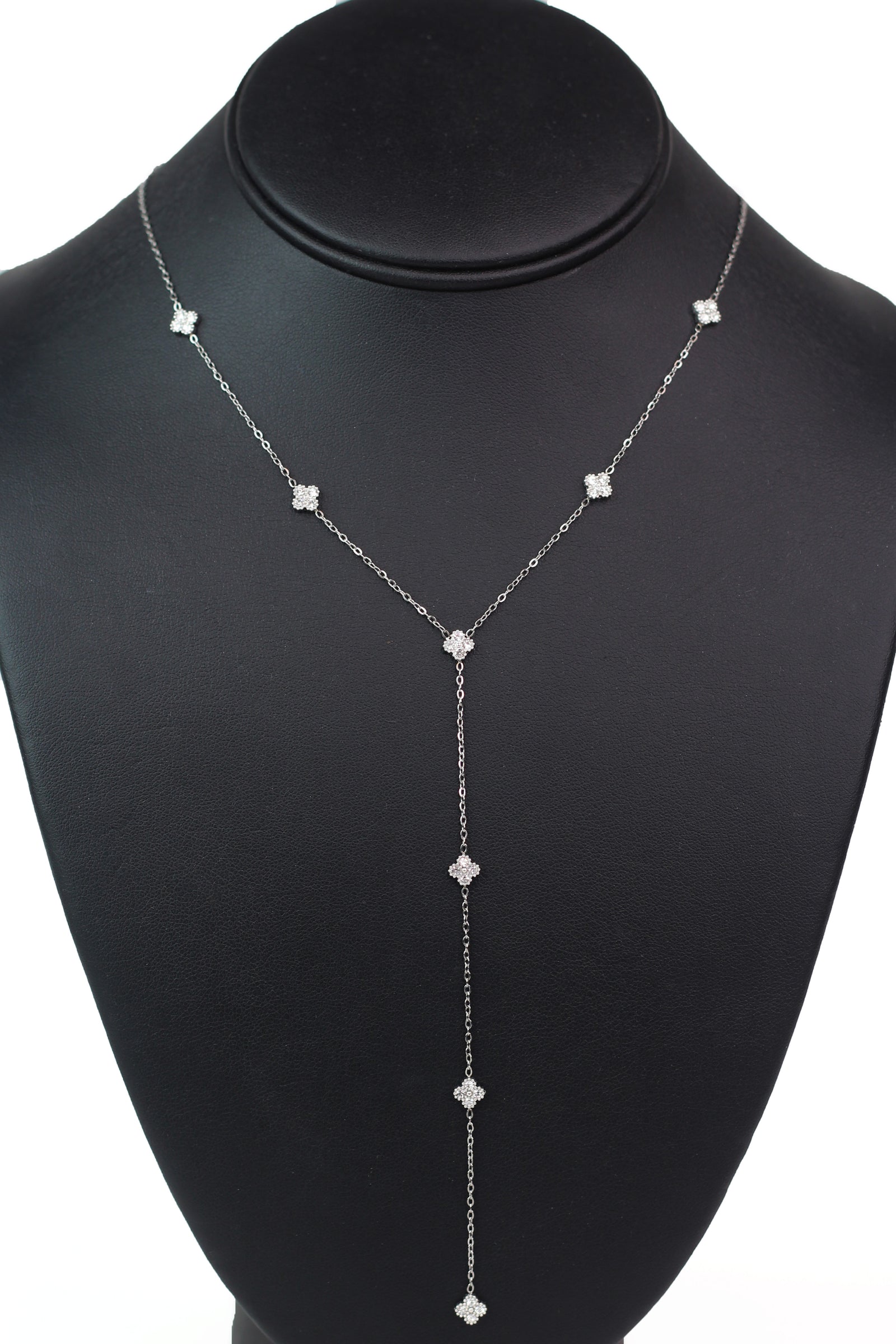 Dainty Lariat Necklace w/ Spaced Tiny Pave Clovers