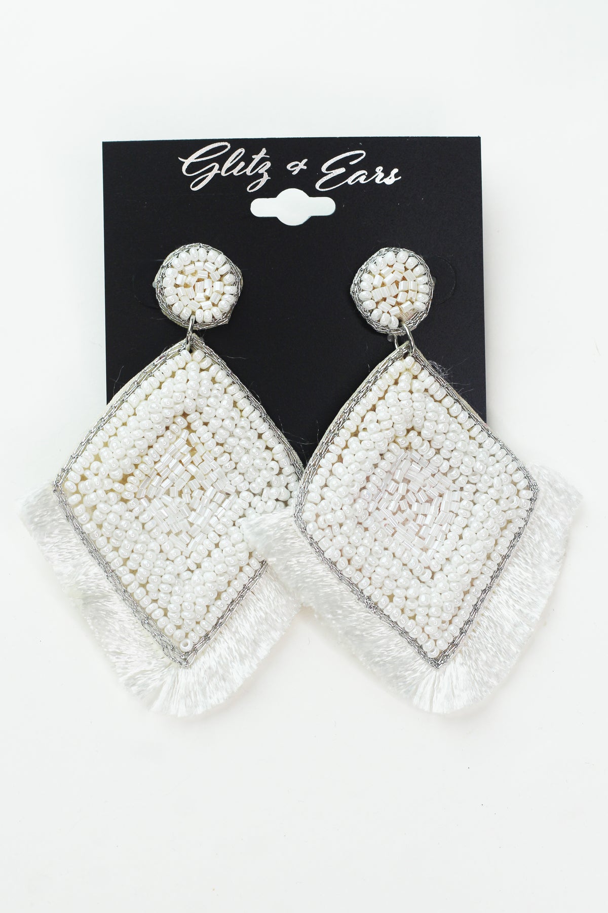 Large Diamond Shaped Seed Bead &amp; Fringe Earrings
