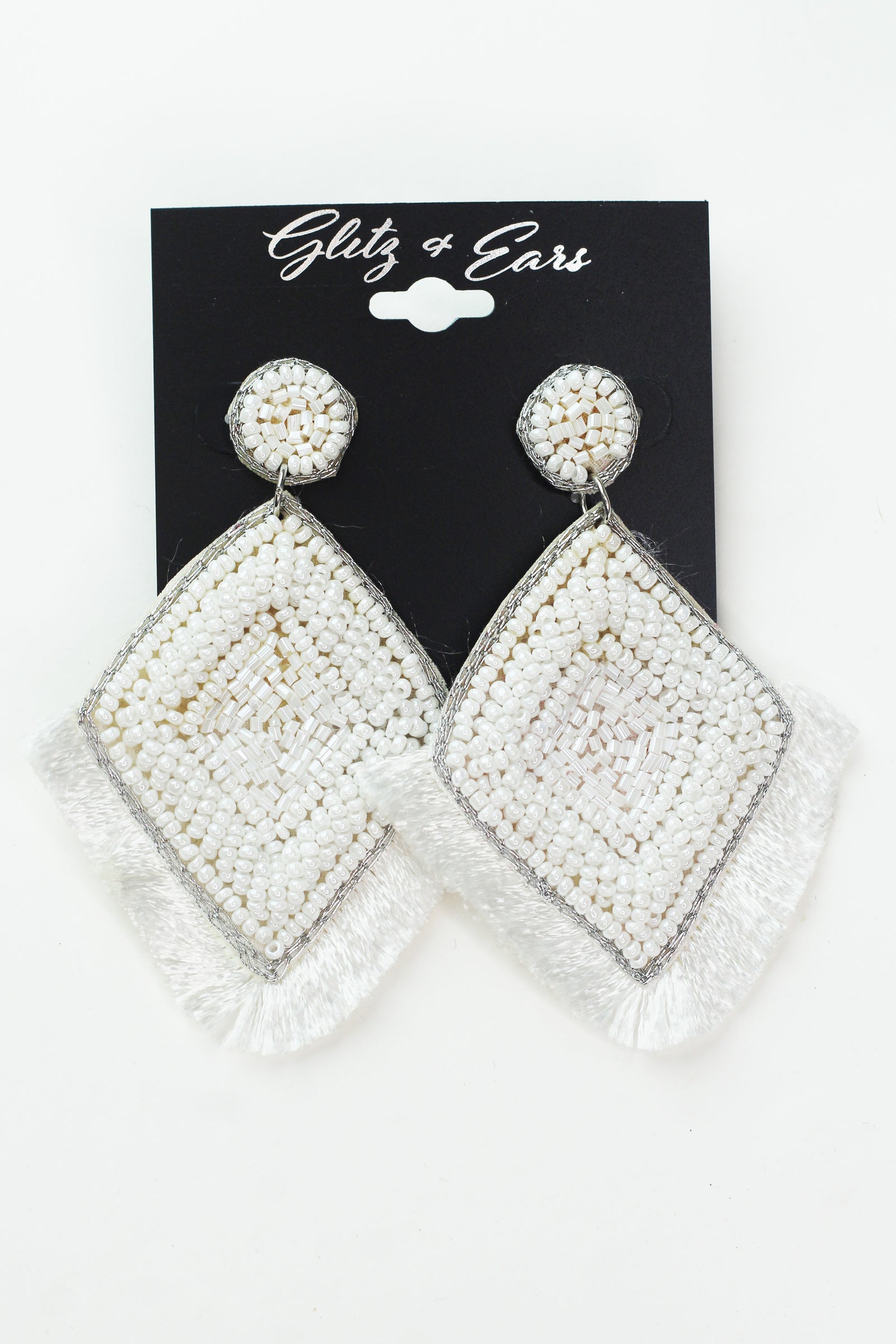 Large Diamond Shaped Seed Bead & Fringe Earrings