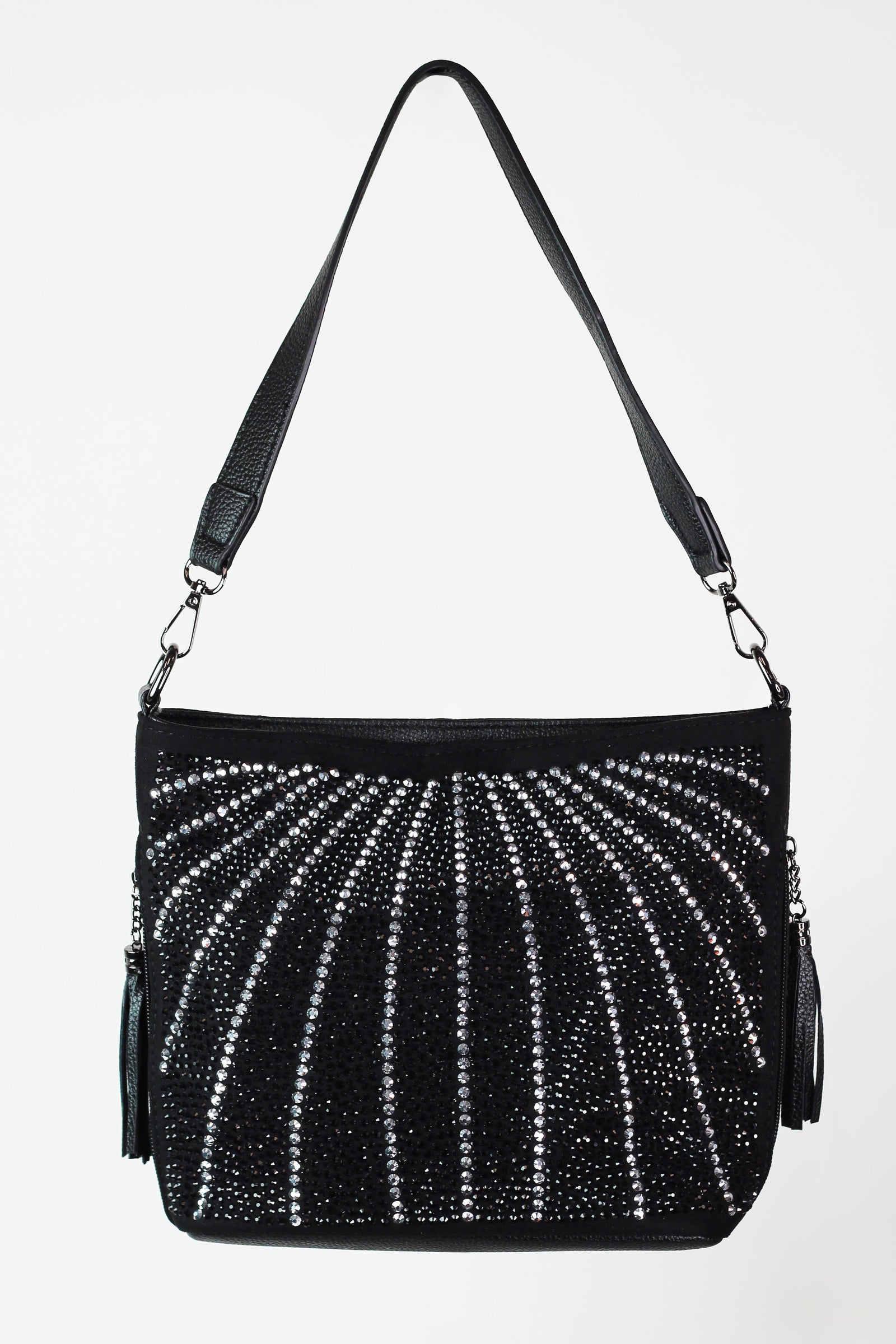 Rhinestone Lines Purse w/ Tassels & Side Zip Pockets