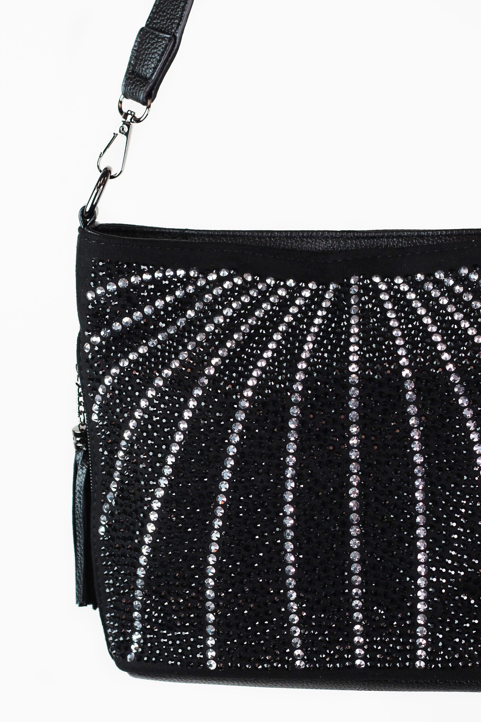 Rhinestone Lines Purse w/ Tassels & Side Zip Pockets