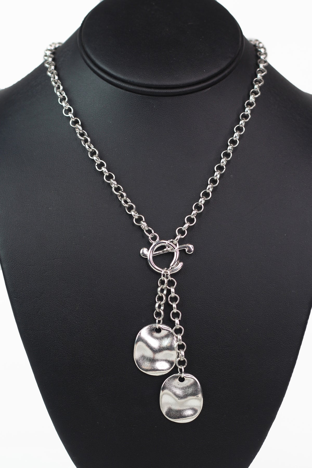 Chain Toggle Necklace w/ 2 Textured Metal Square Pendants