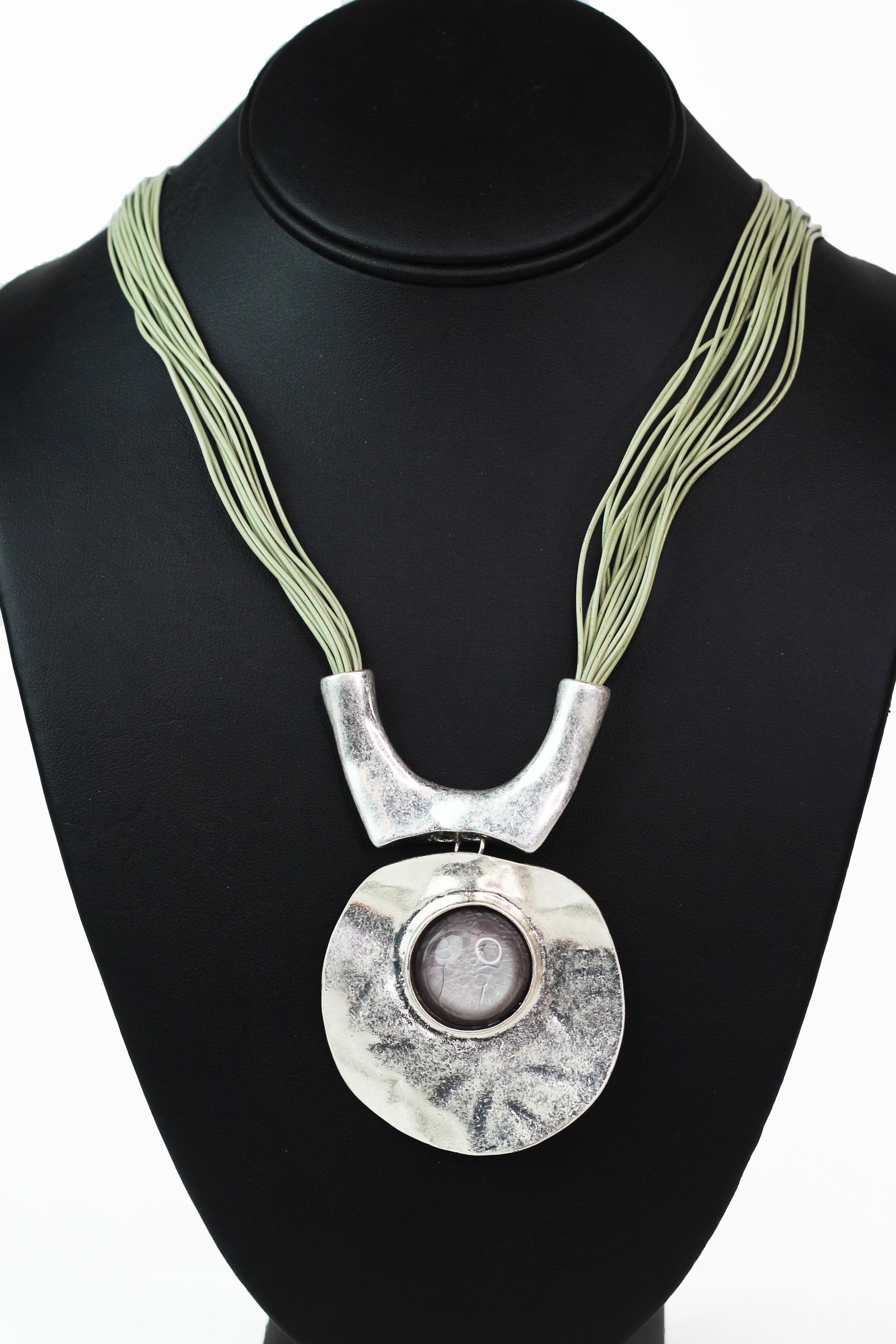 Cord Necklace w/ Two Piece Metal & Marble Geometric Pendant