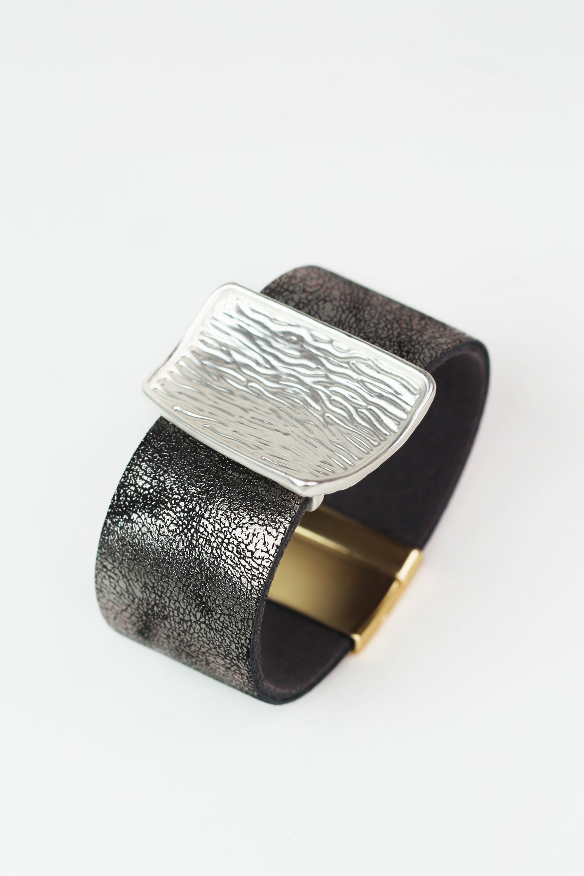 Faux Leather Magnetic Bracelet w/ Textured Metal Center