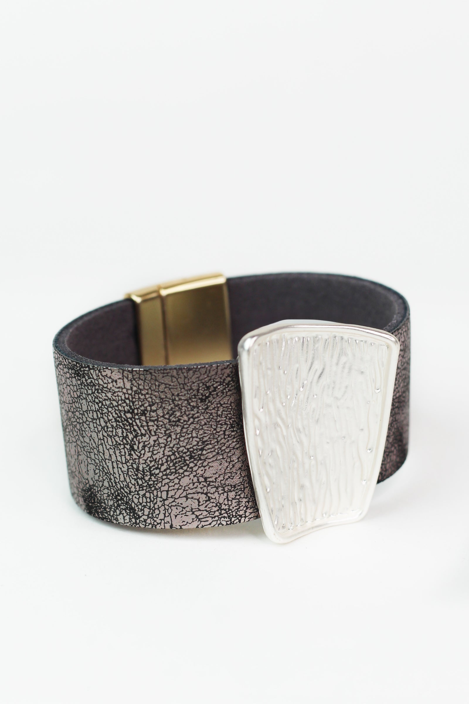 Faux Leather Magnetic Bracelet w/ Textured Metal Center