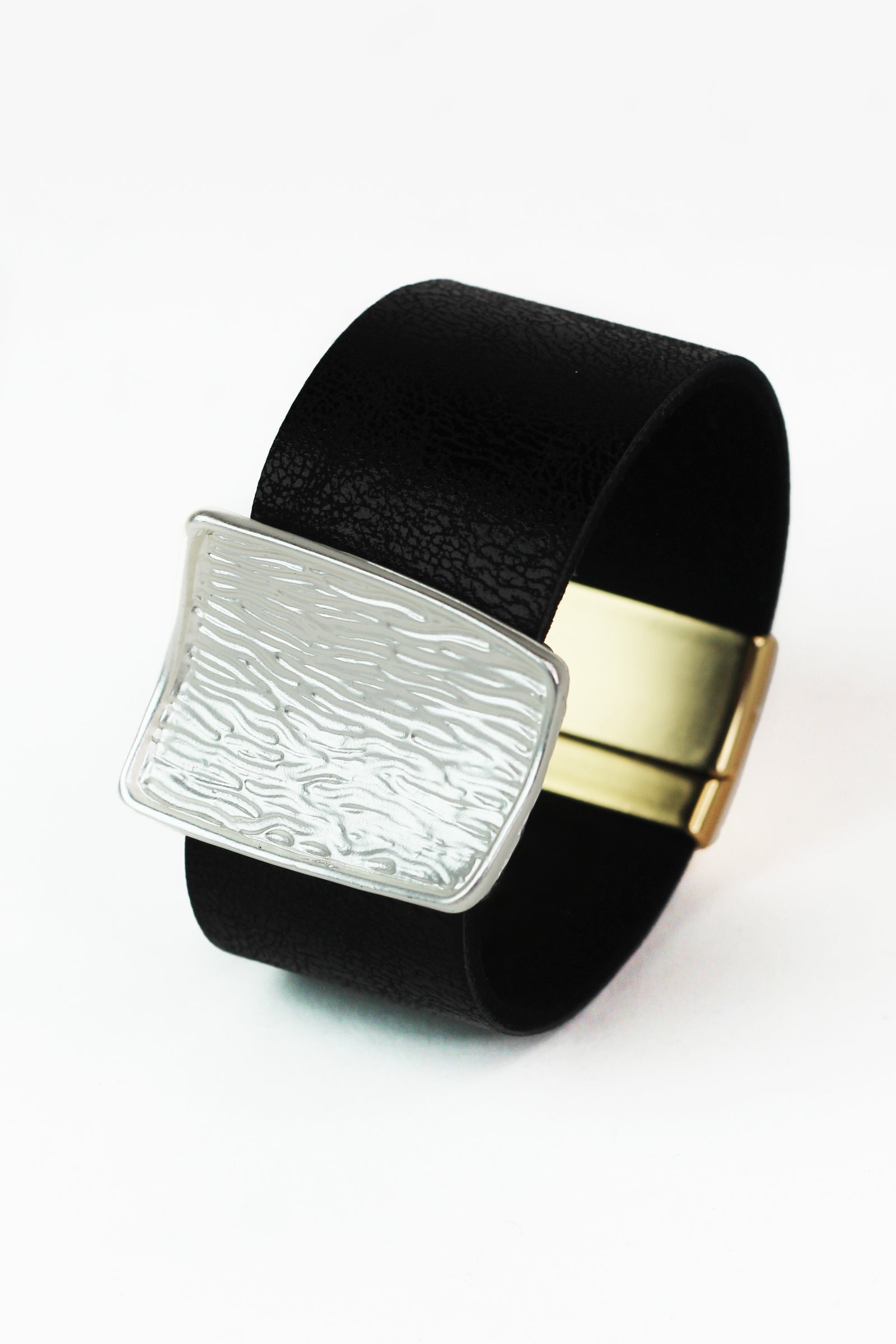 Faux Leather Magnetic Bracelet w/ Textured Metal Center