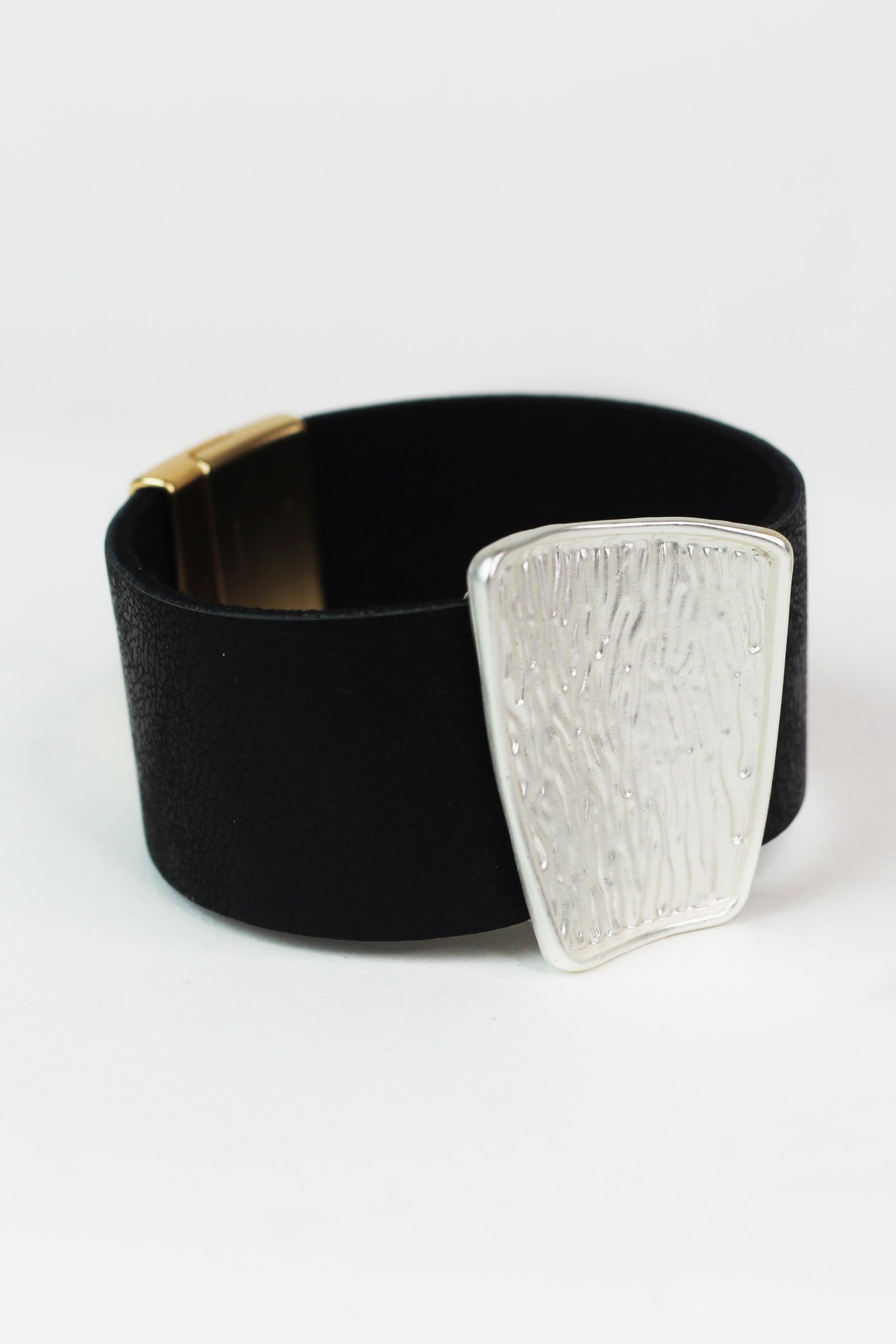 Faux Leather Magnetic Bracelet w/ Textured Metal Center