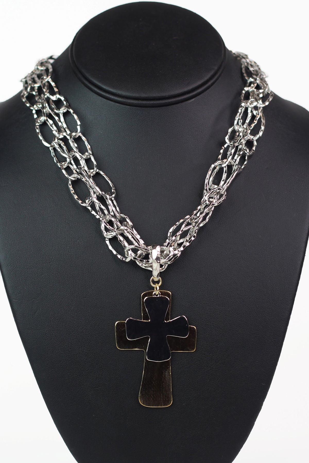Hammered Chains Necklace w/ Two Tone Cross Pendants