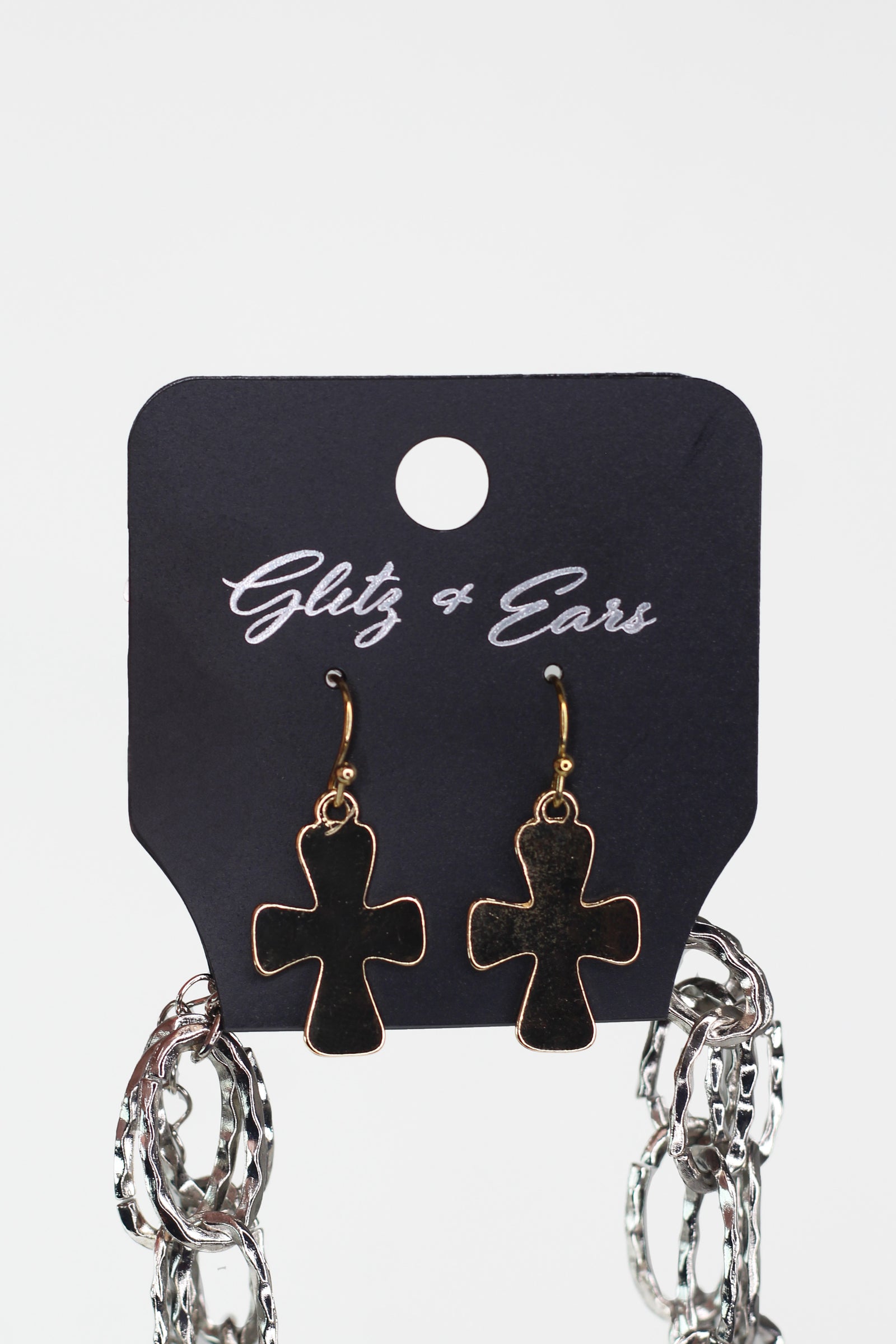 Hammered Chains Necklace w/ Two Tone Cross Pendants