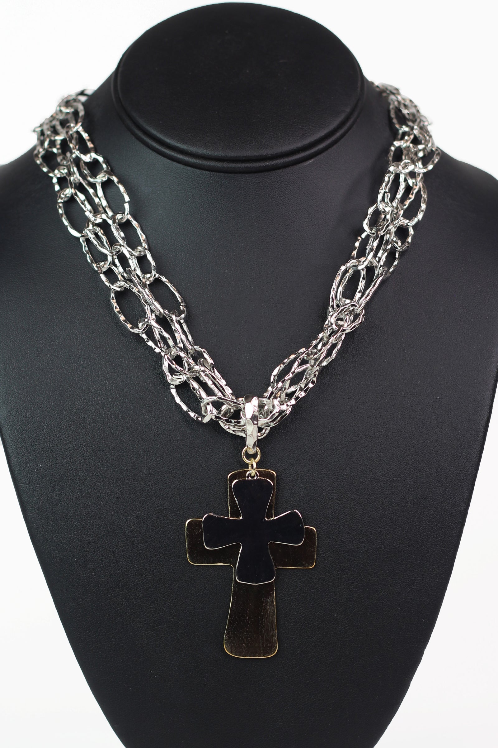 Hammered Chains Necklace w/ Two Tone Cross Pendants