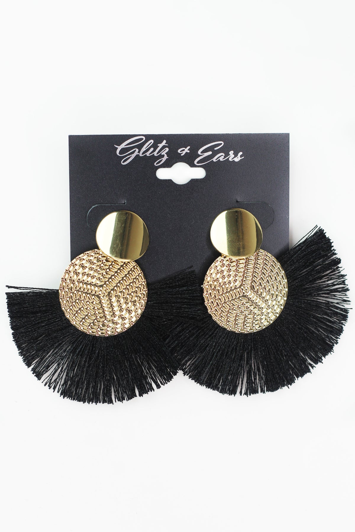 Textured Metal Circle &amp; Fringe Fan Earrings